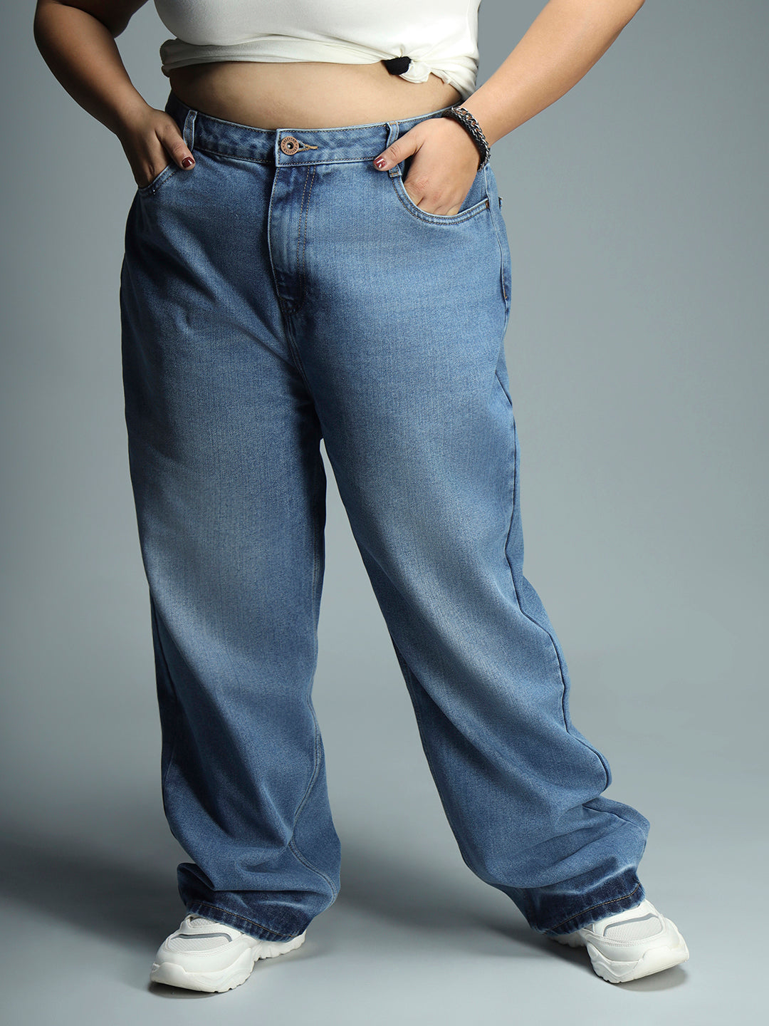 Women Plus Size 90s Straight High-Rise Pure Cotton Jeans