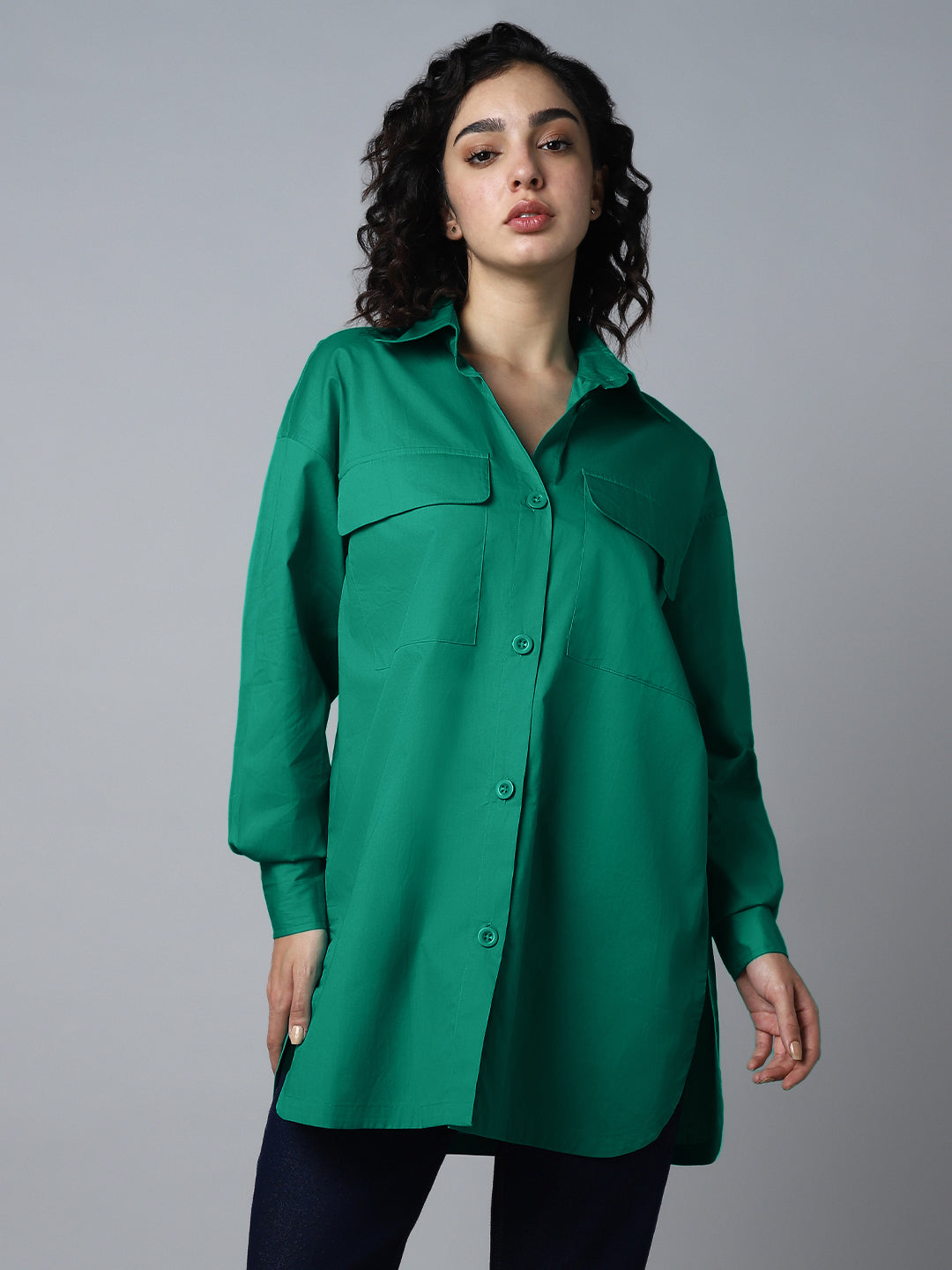 Classic Oversized Spread Collar Long Sleeves Longline Casual Shirt