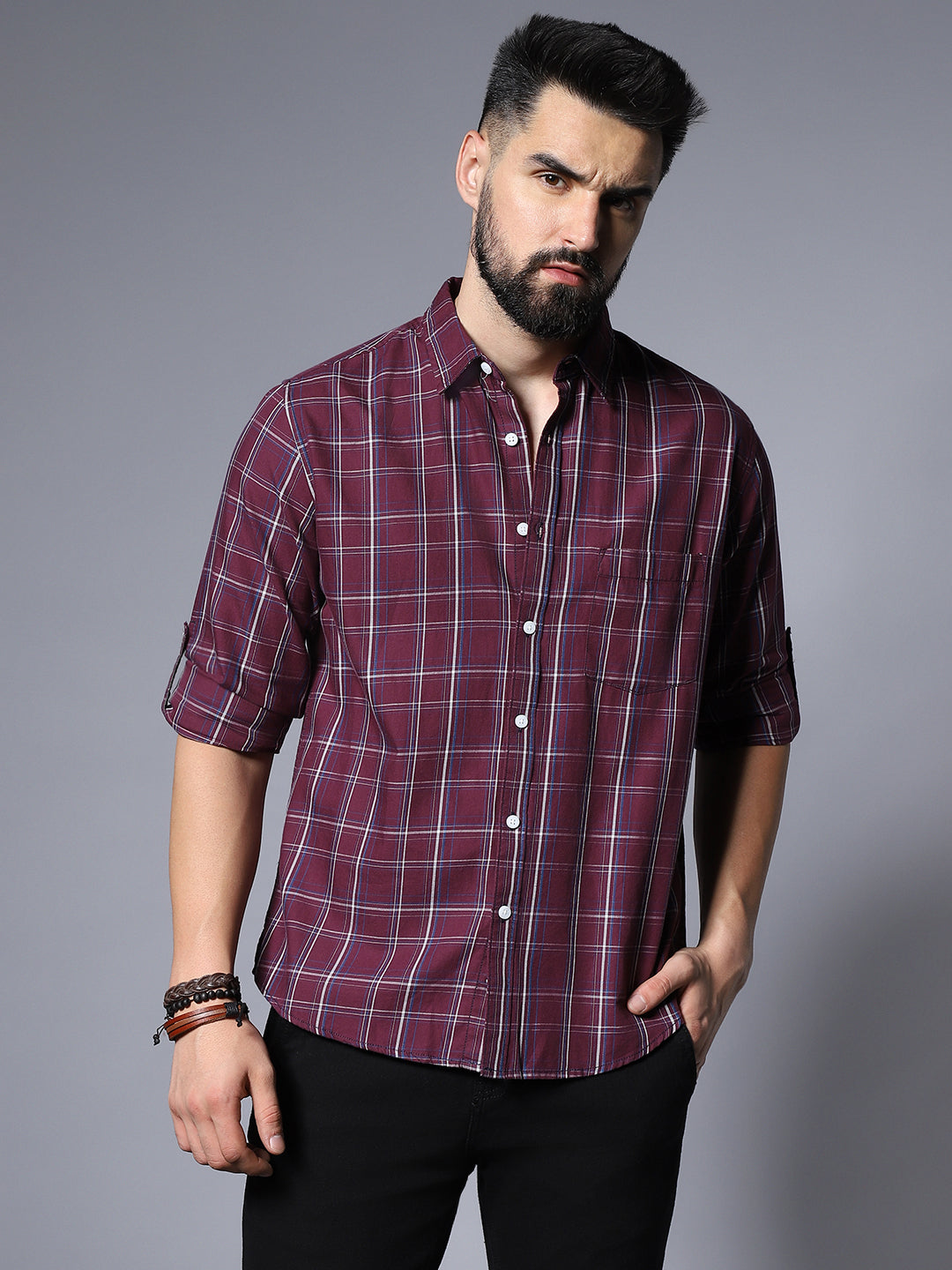 Classic Grid Tattersall Checked Roll-Up Sleeves Pure Cotton Casual Shirt