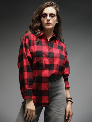 Standard Oversized Checked Spread Collar Long Sleeves Casual Shirt