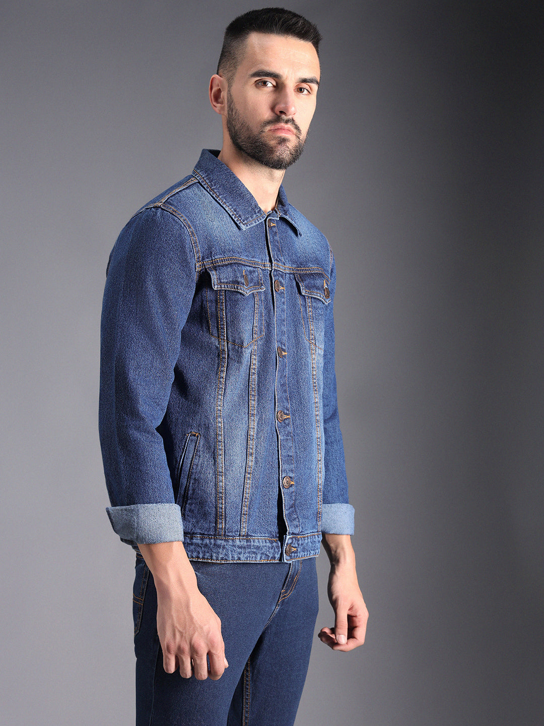 Washed Spread Collar Long Sleeves Denim Jacket