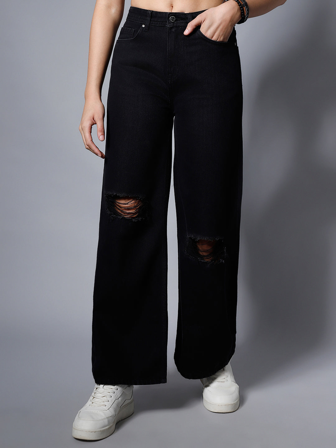 Women Black Wide Leg High-Rise Slash Knee Jeans