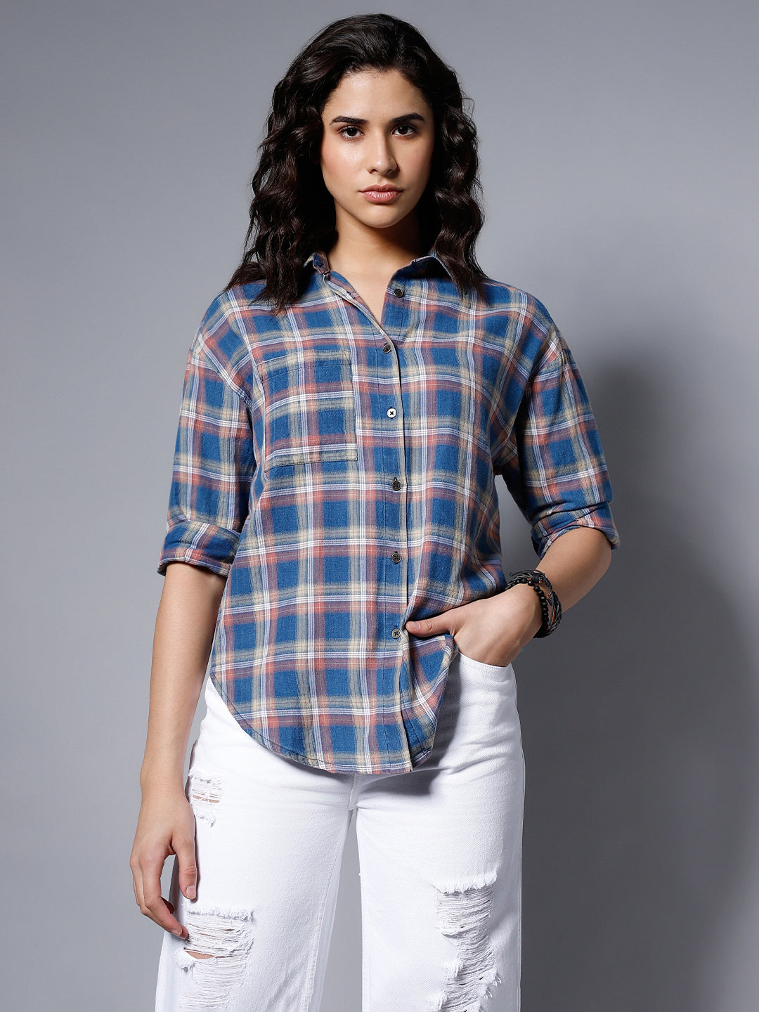 Classic Checked Spread Collar Boxy Fit Pure Cotton Casual Shirt