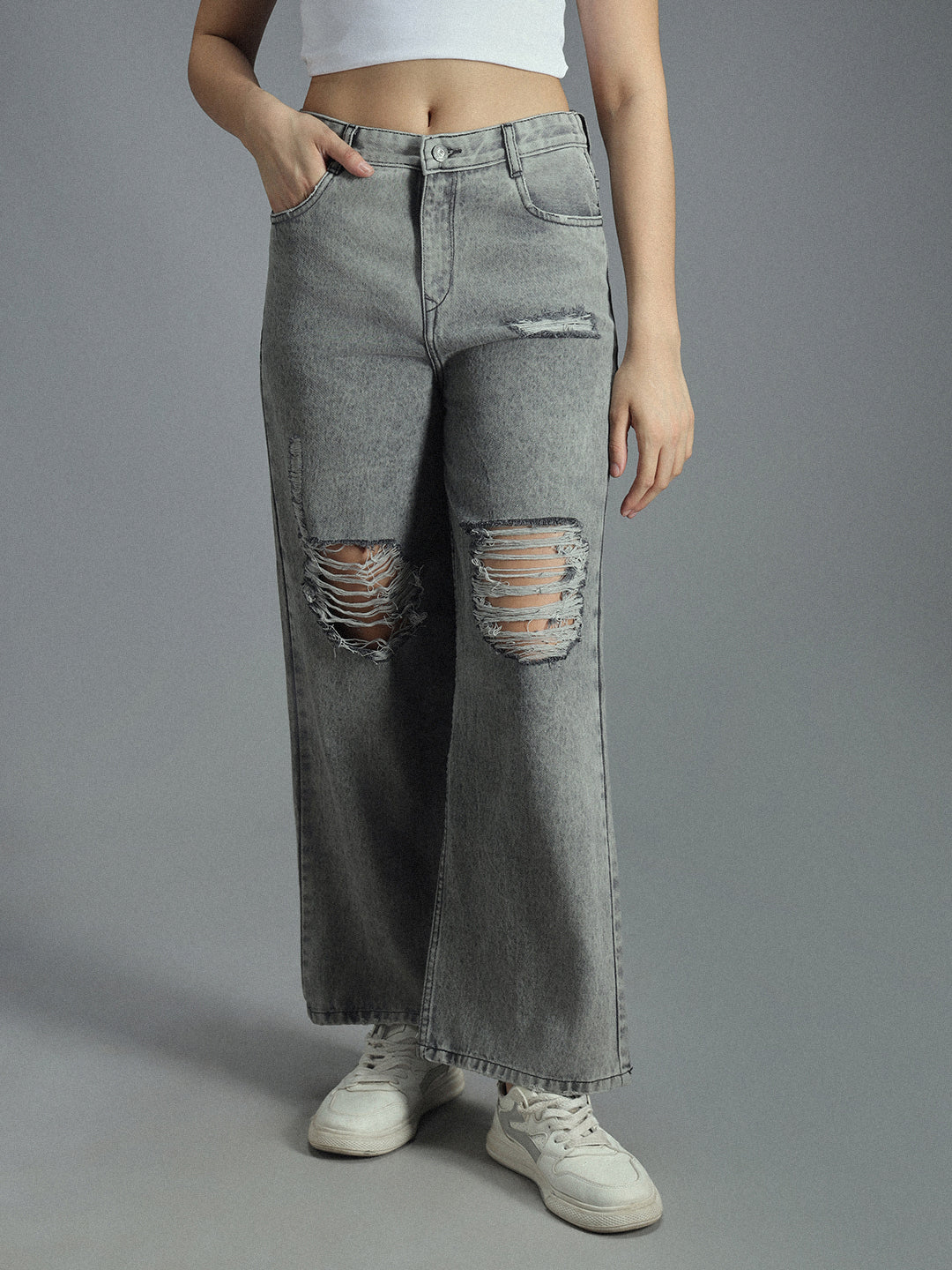 Women 90s Baggy Elasticated waist Band Distress Cotton Jeans