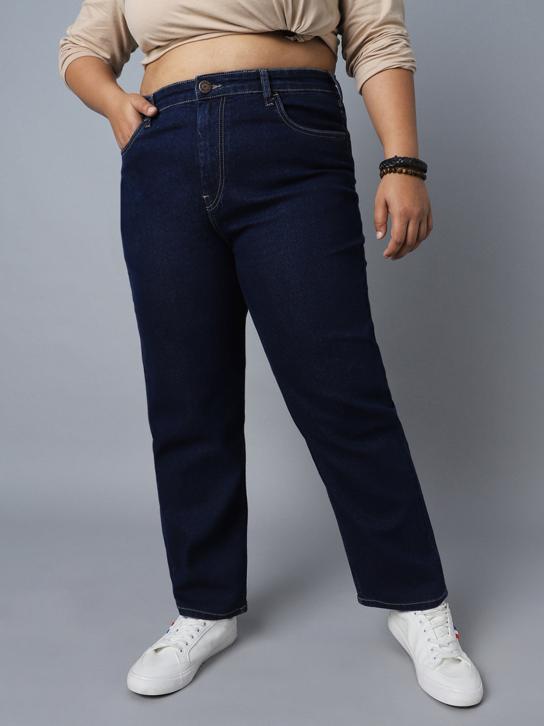 Women Plus Size Straight Fit High-Rise Clean Look Stretchable Jeans