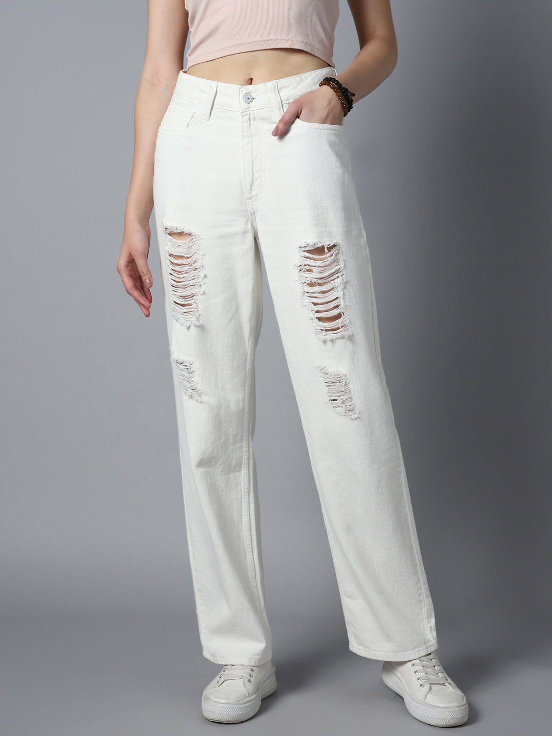 Women Straight Fit High-Rise Highly Distressed Cotton Jeans