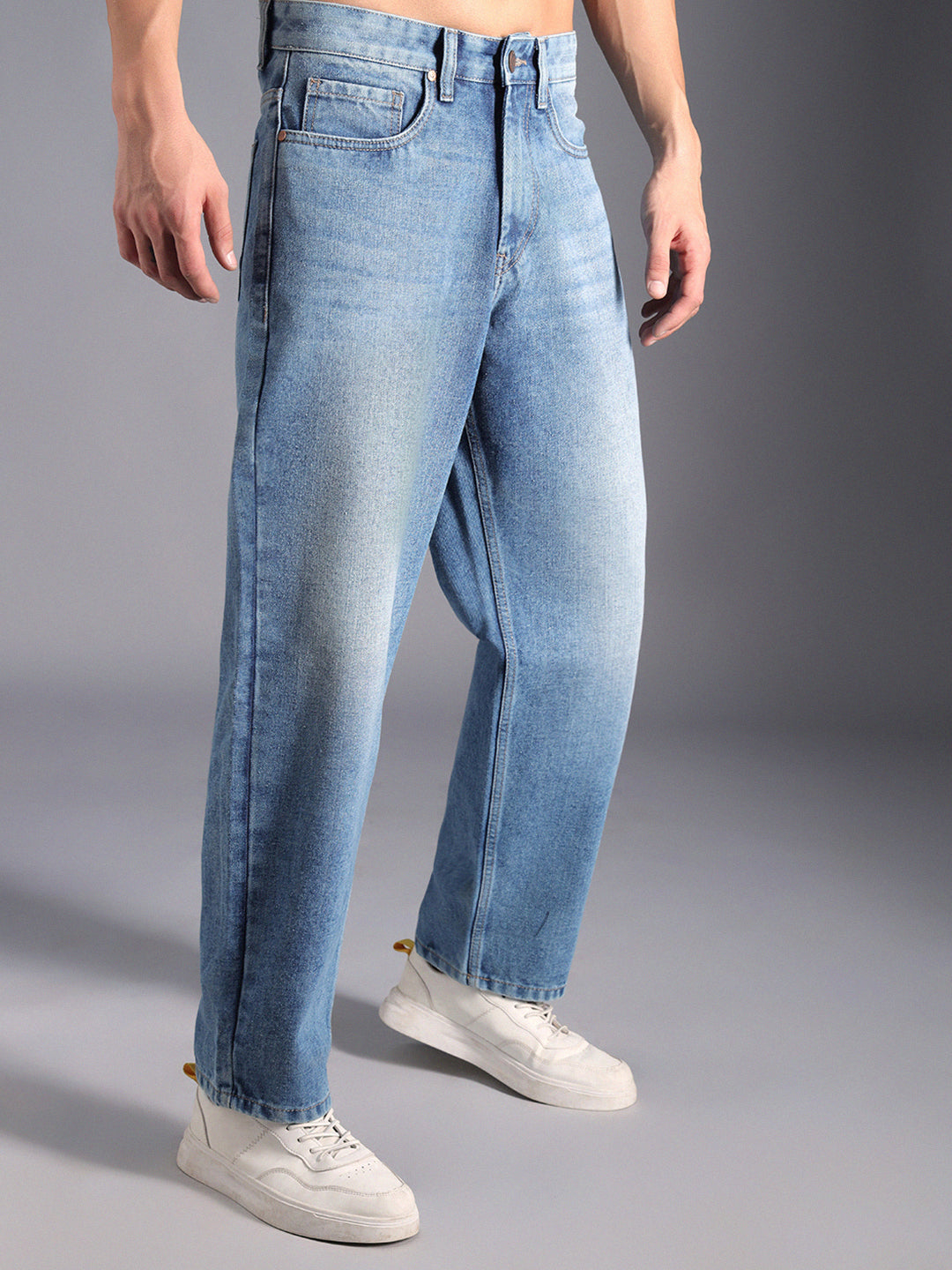 Men Wide Leg Clean Look Light Fade Cotton Jeans