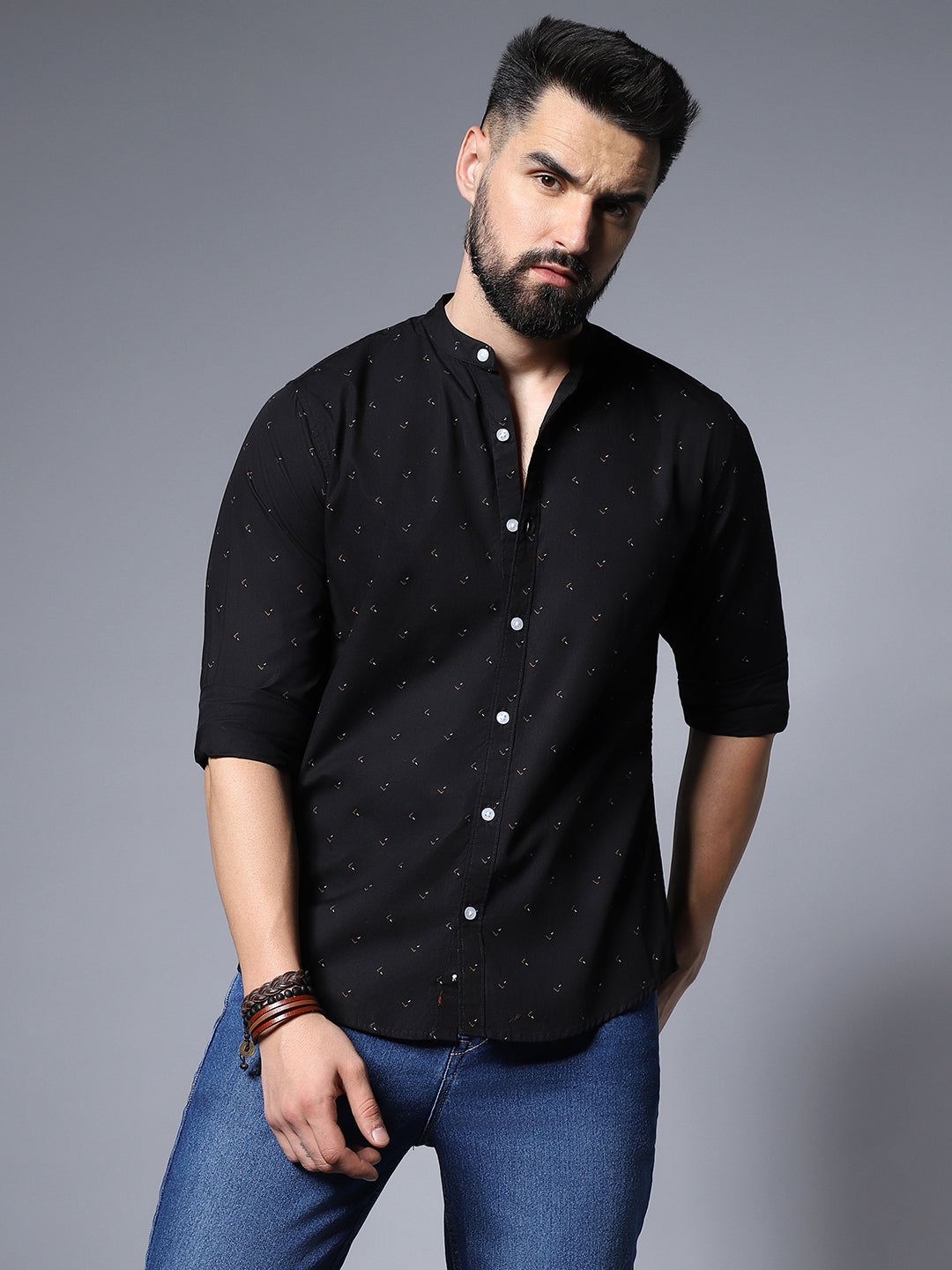 Micro Ditsy Mandarin Collar Cotton Casual Shirt