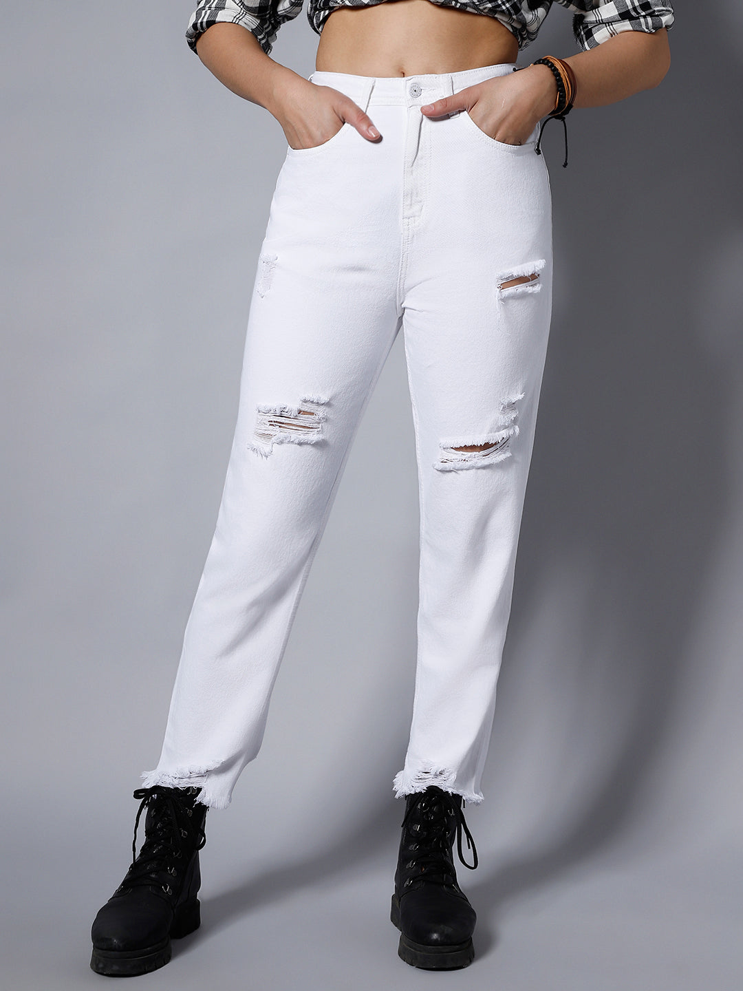 Women White High-Rise Slash Knee Jeans