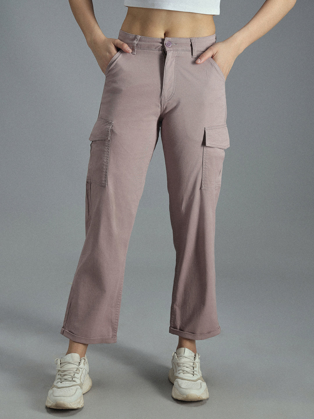 Women Relaxed Straight Leg High-Rise Plain Cargos Trousers