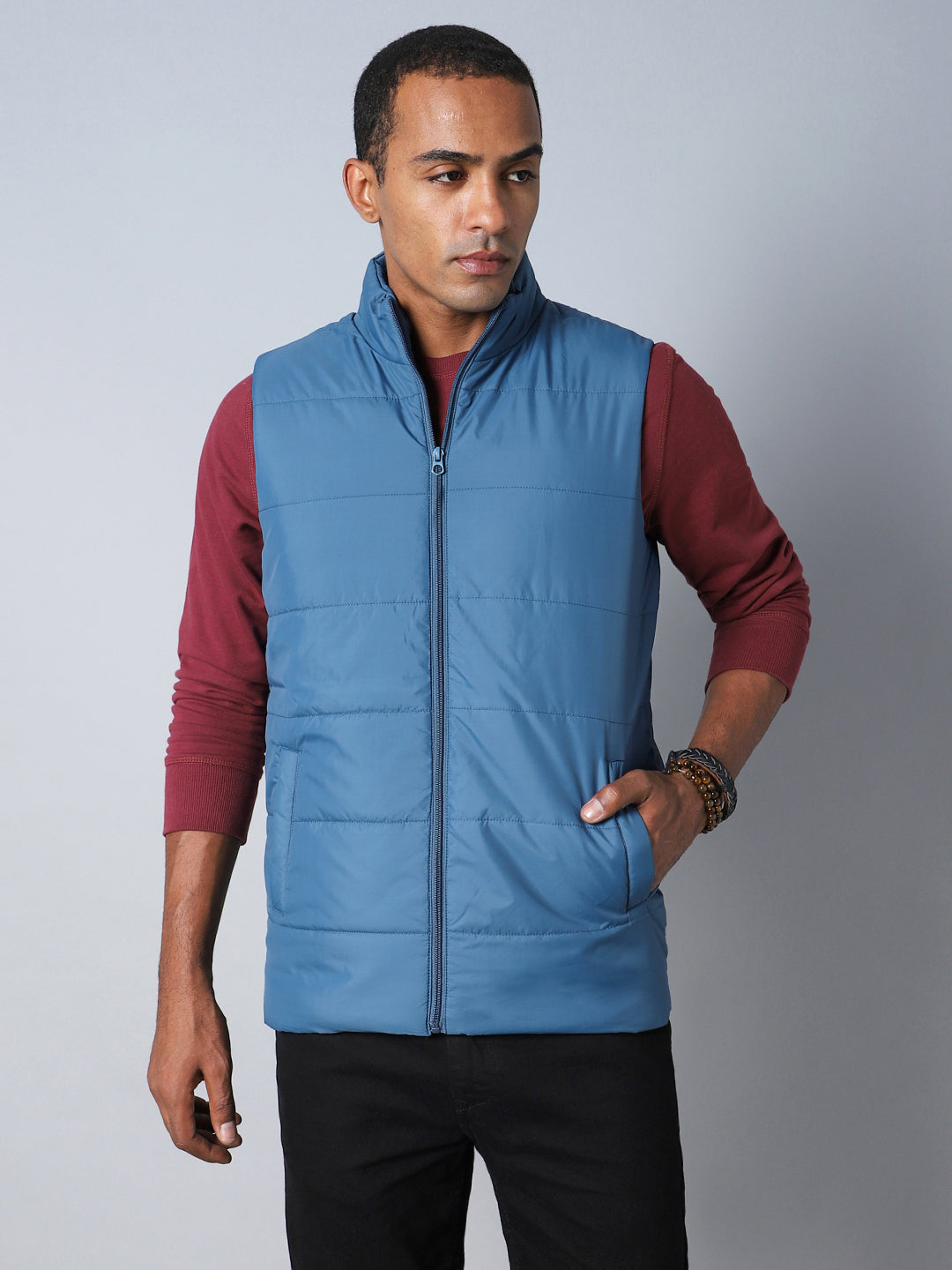 Men Blue Colourblocked Outdoor Bomber Jacket