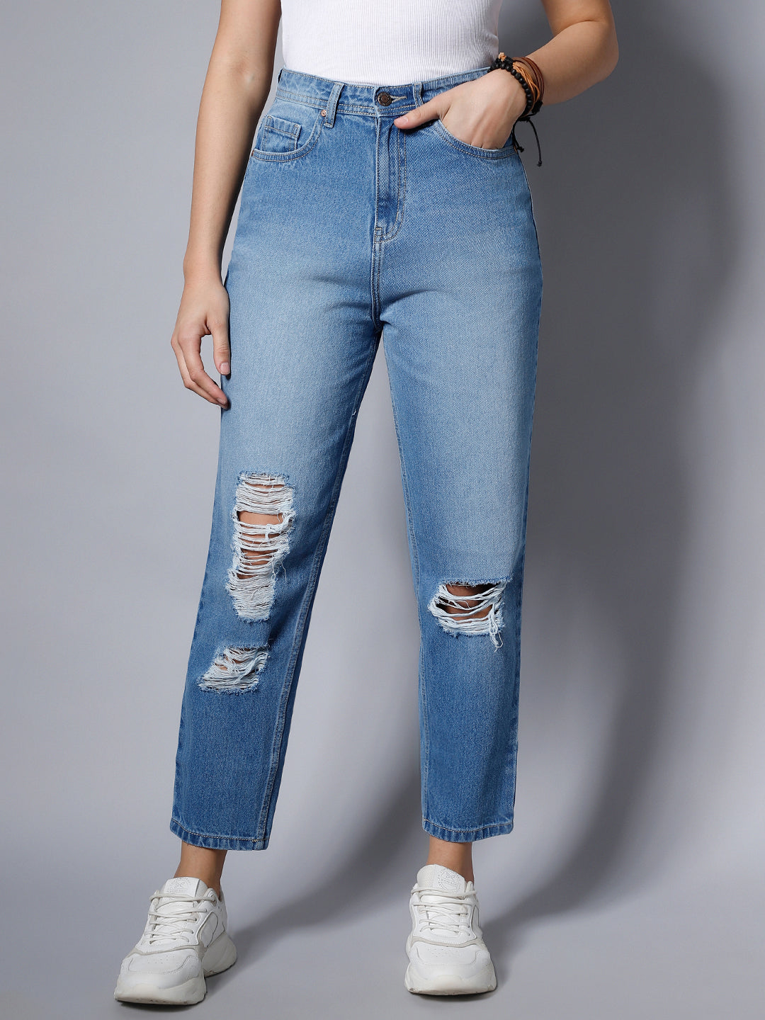 Women Blue High-Rise Slash Knee Light Fade Jeans