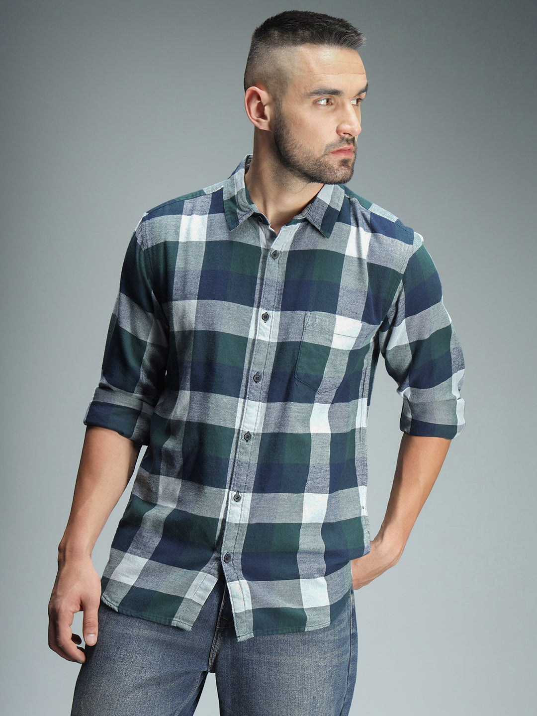 Classic Checked Spread Collar Long Sleeve Cotton Casual Shirt