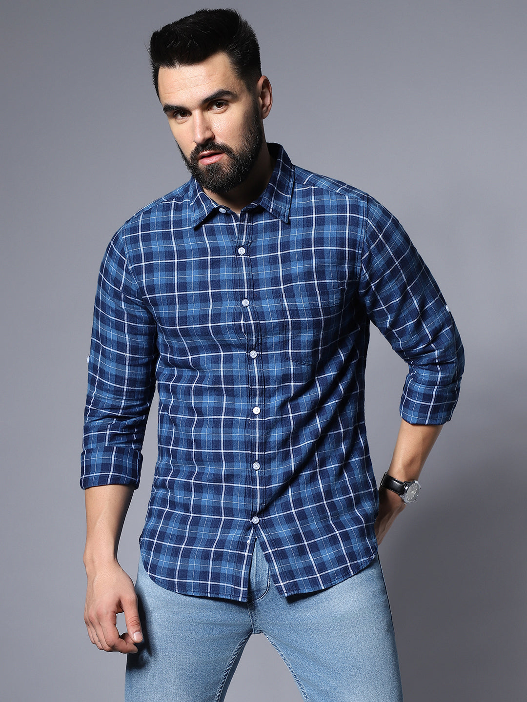 Blue Classic Opaque Checked Casual Shirt