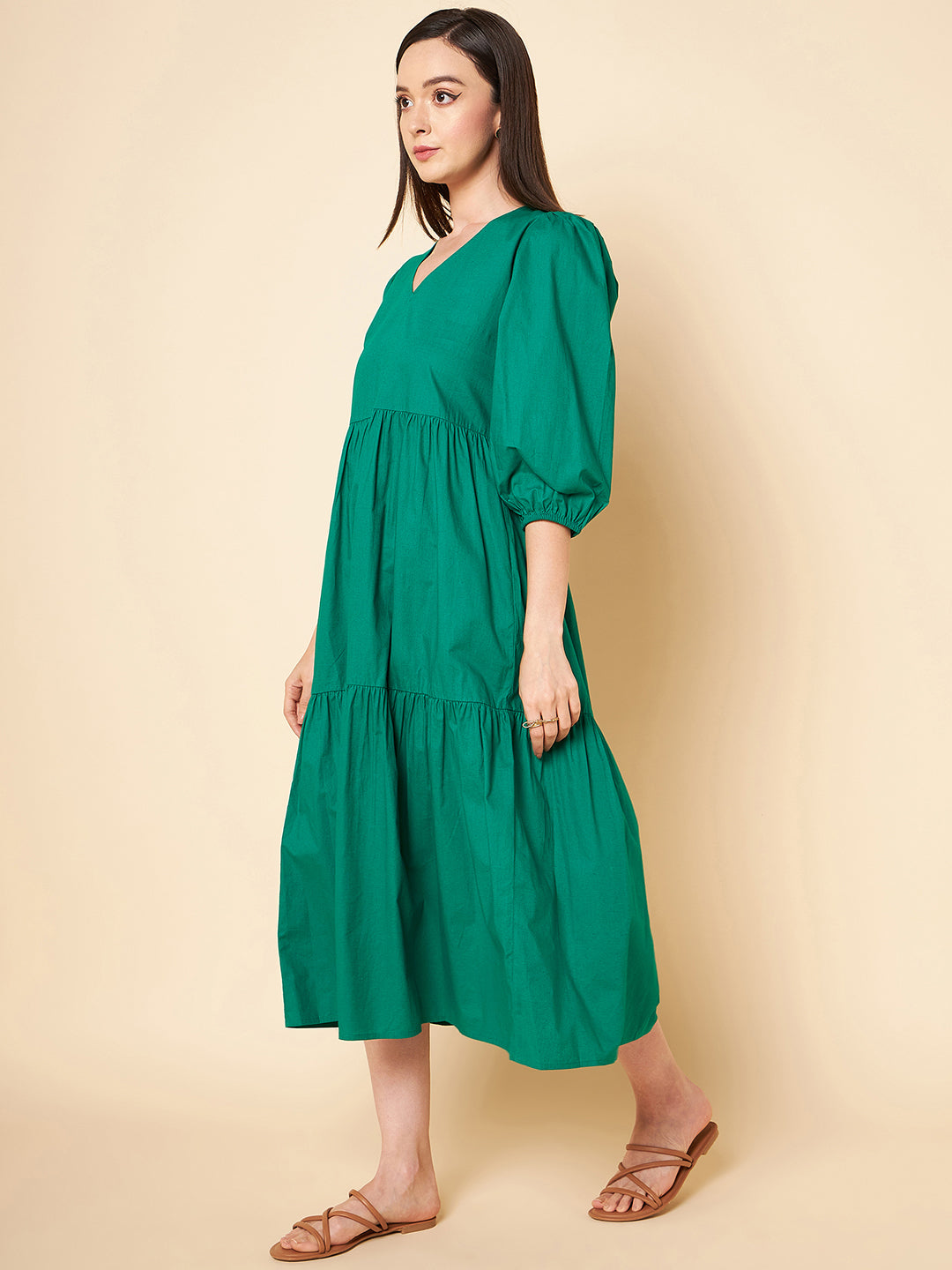 V-Neck Puff Sleeve Tiered Pure Cotton A-Line Midi Dress