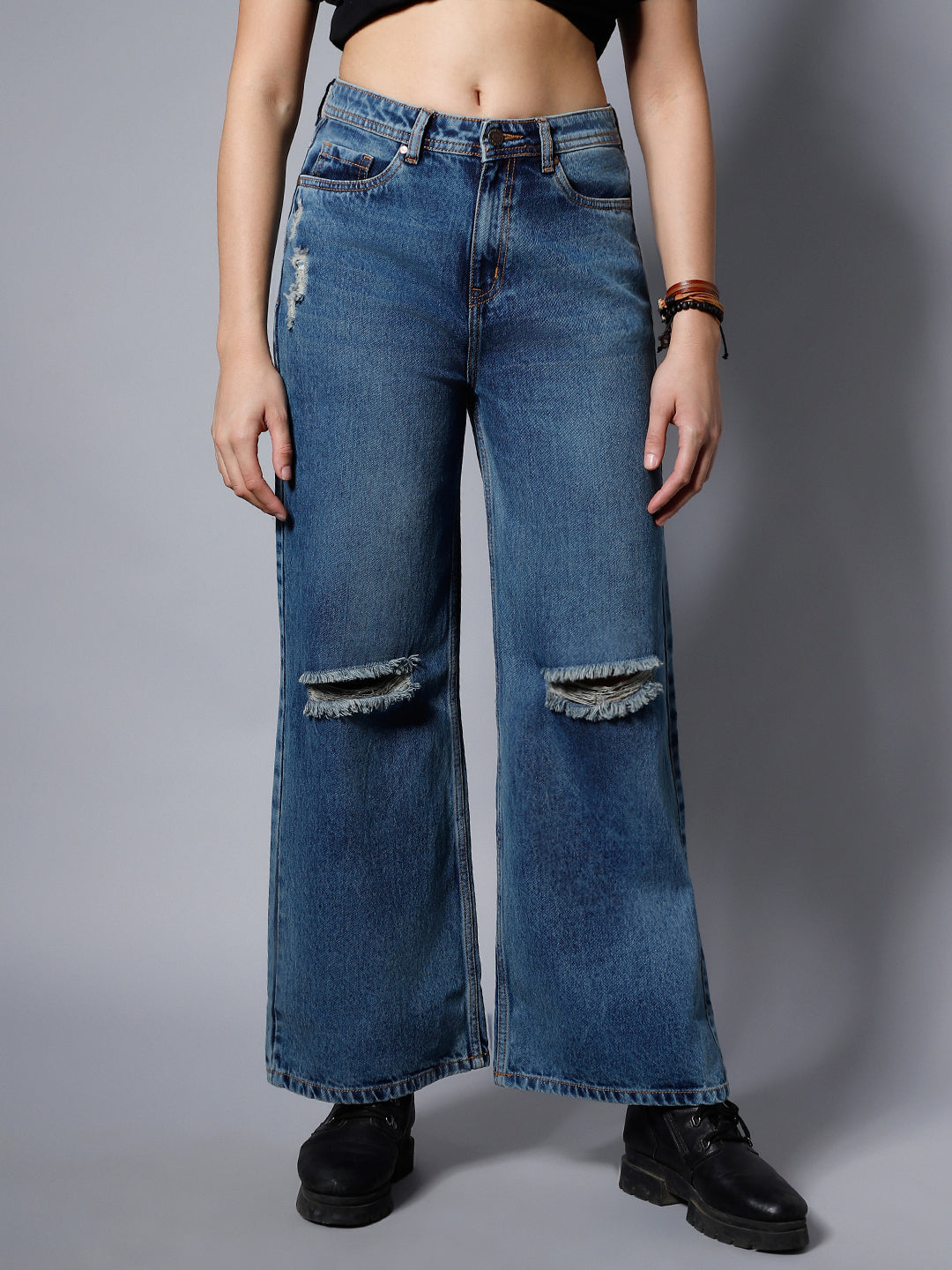 Women Blue Wide Leg High-Rise Slash Knee Light Fade Jeans