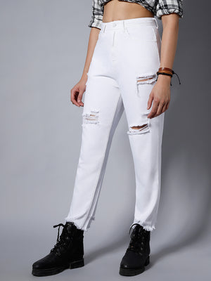 Women White High-Rise Slash Knee Jeans