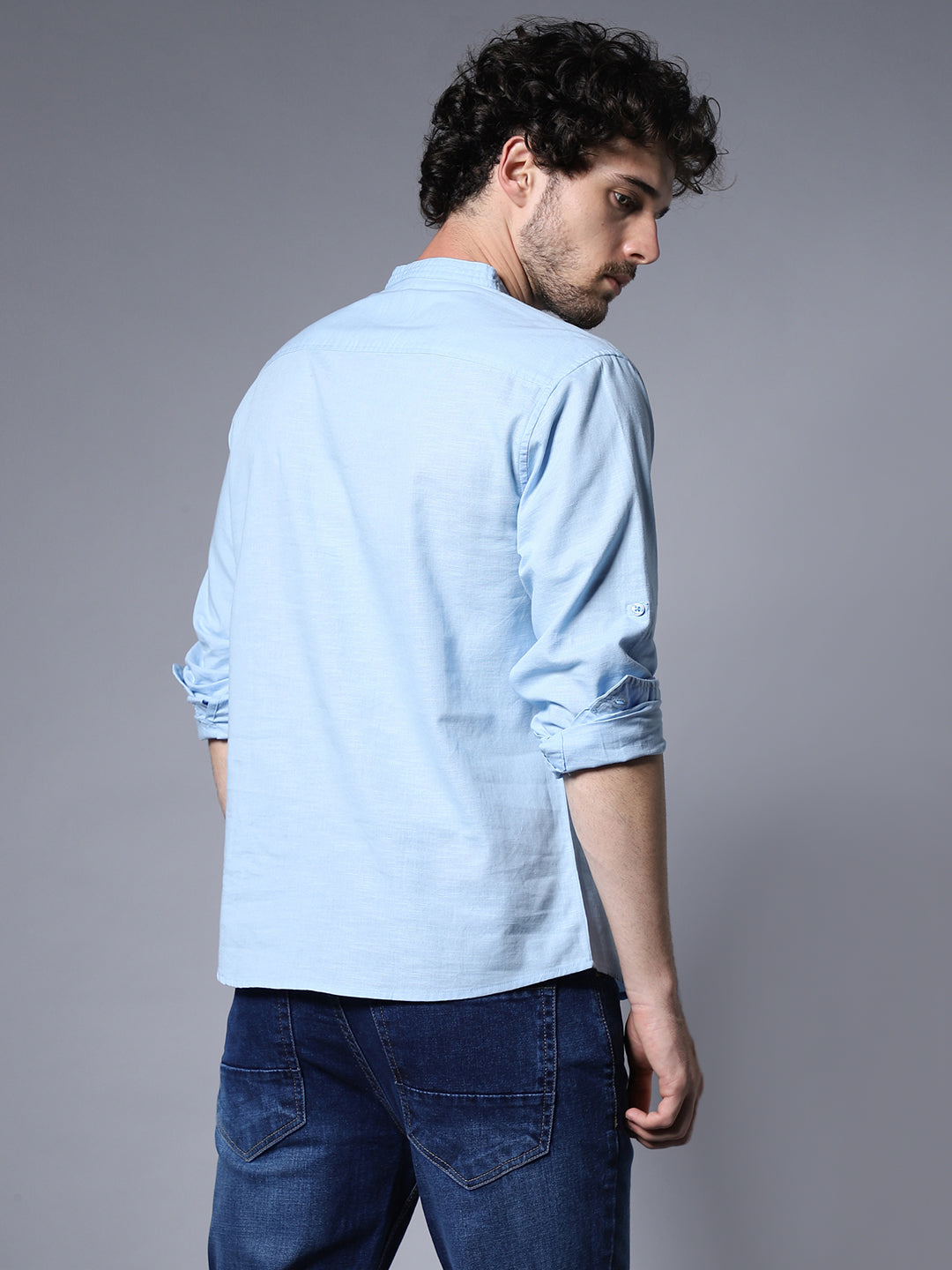 Classic Mandarin Collar Roll-Up Sleeves Pure Cotton Casual Shirt