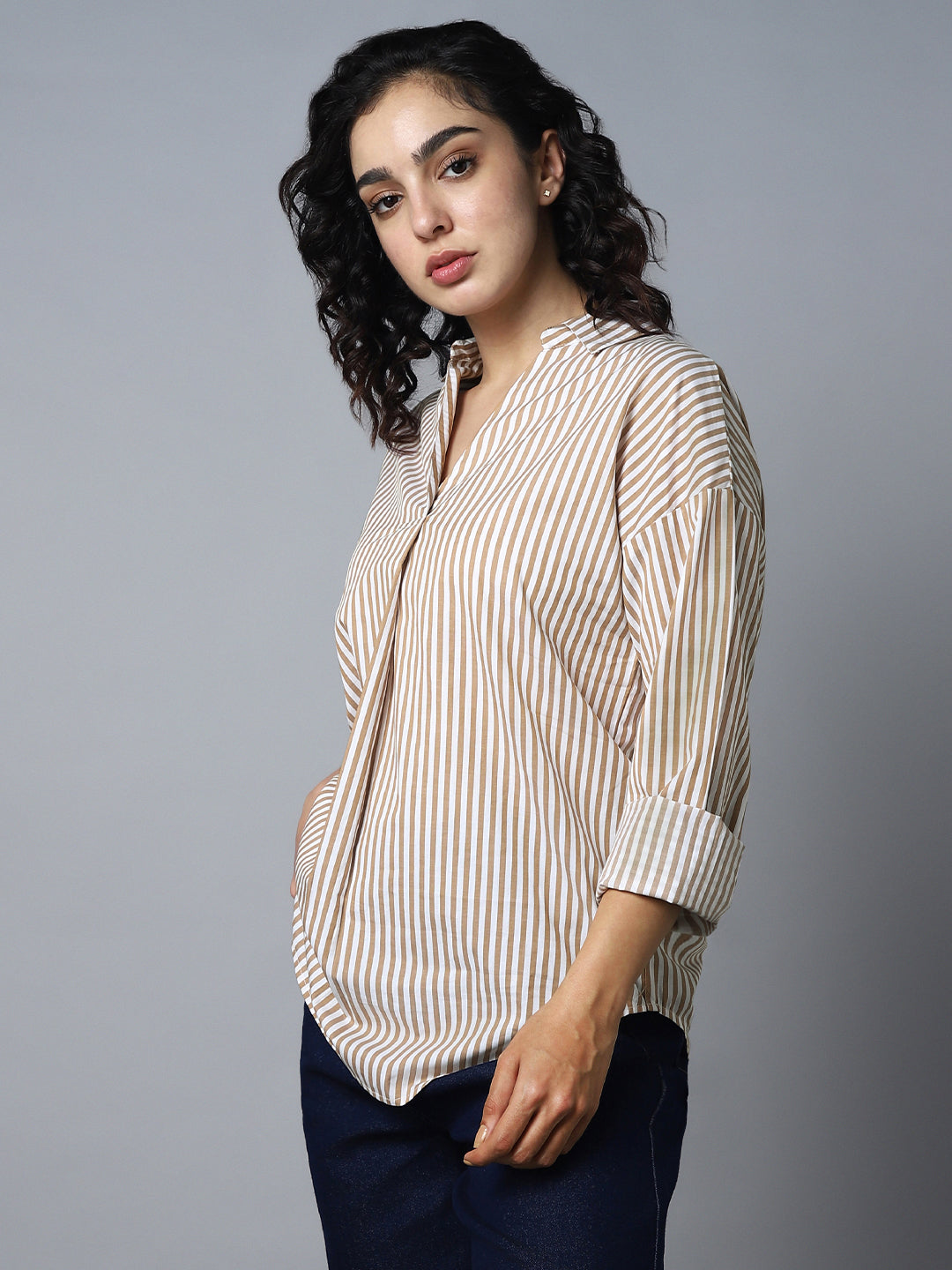 Vertical Striped Pure Cotton Shirt Style Top