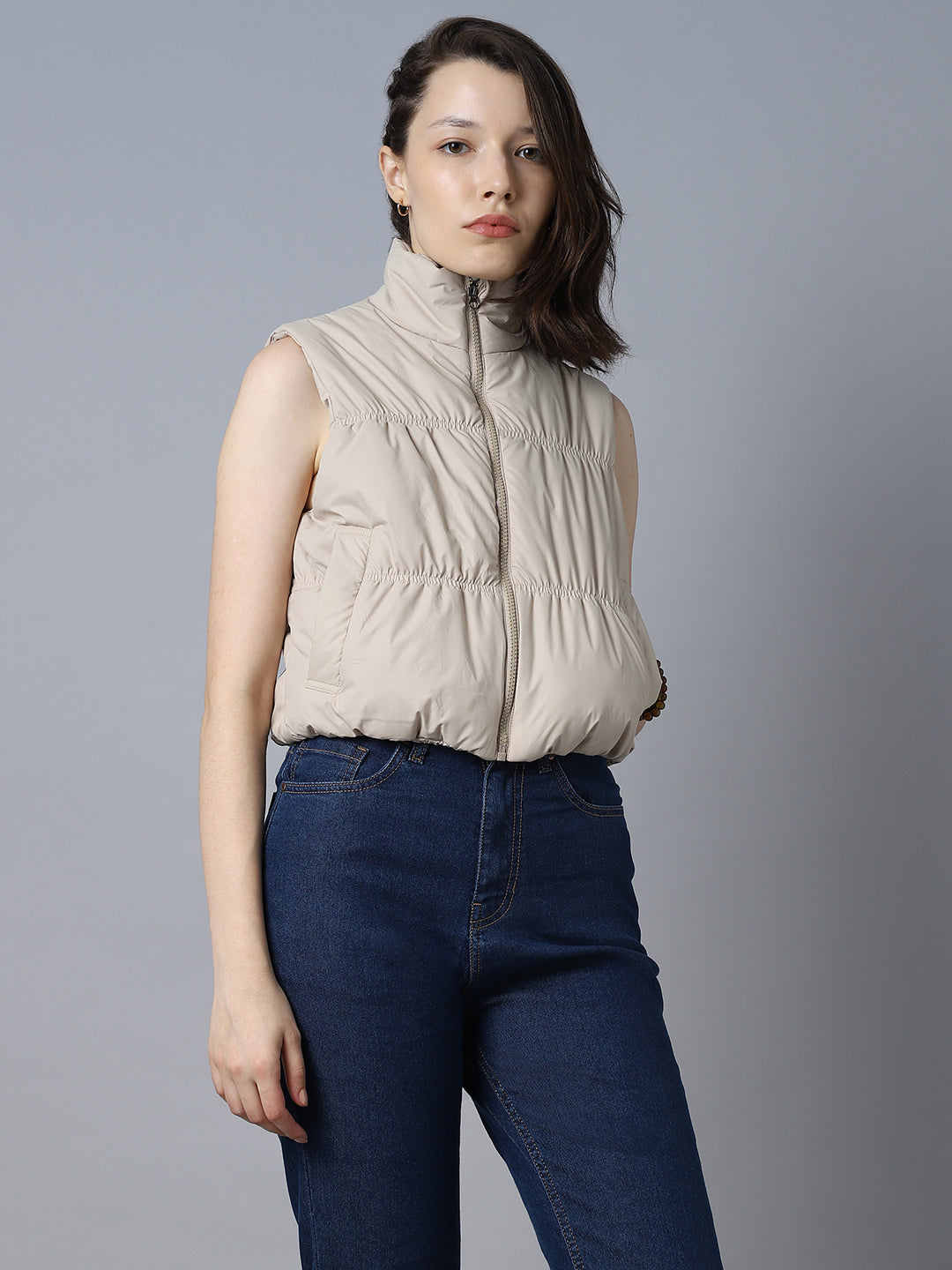 Mock Collar Sleeveless Crop Padded Jacket