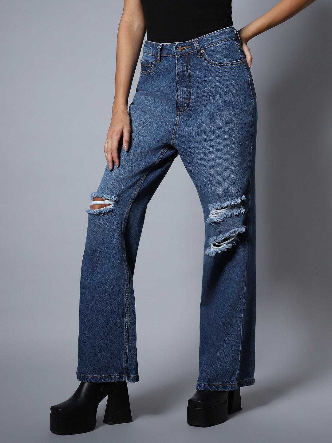 Women Non Stretch Flare Fit High Distress Jeans