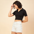 Black Shirt Collar Short Sleeves Self-design Pure Cotton Crop Fitted Top