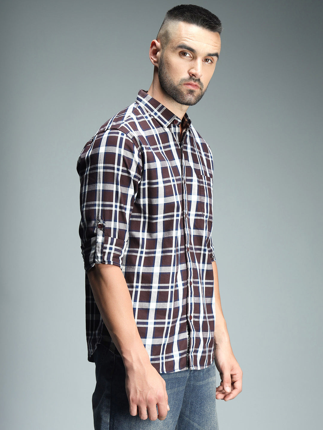 Classic Tartan Checks Spread Collar Long Sleeves Cotton Casual Shirt