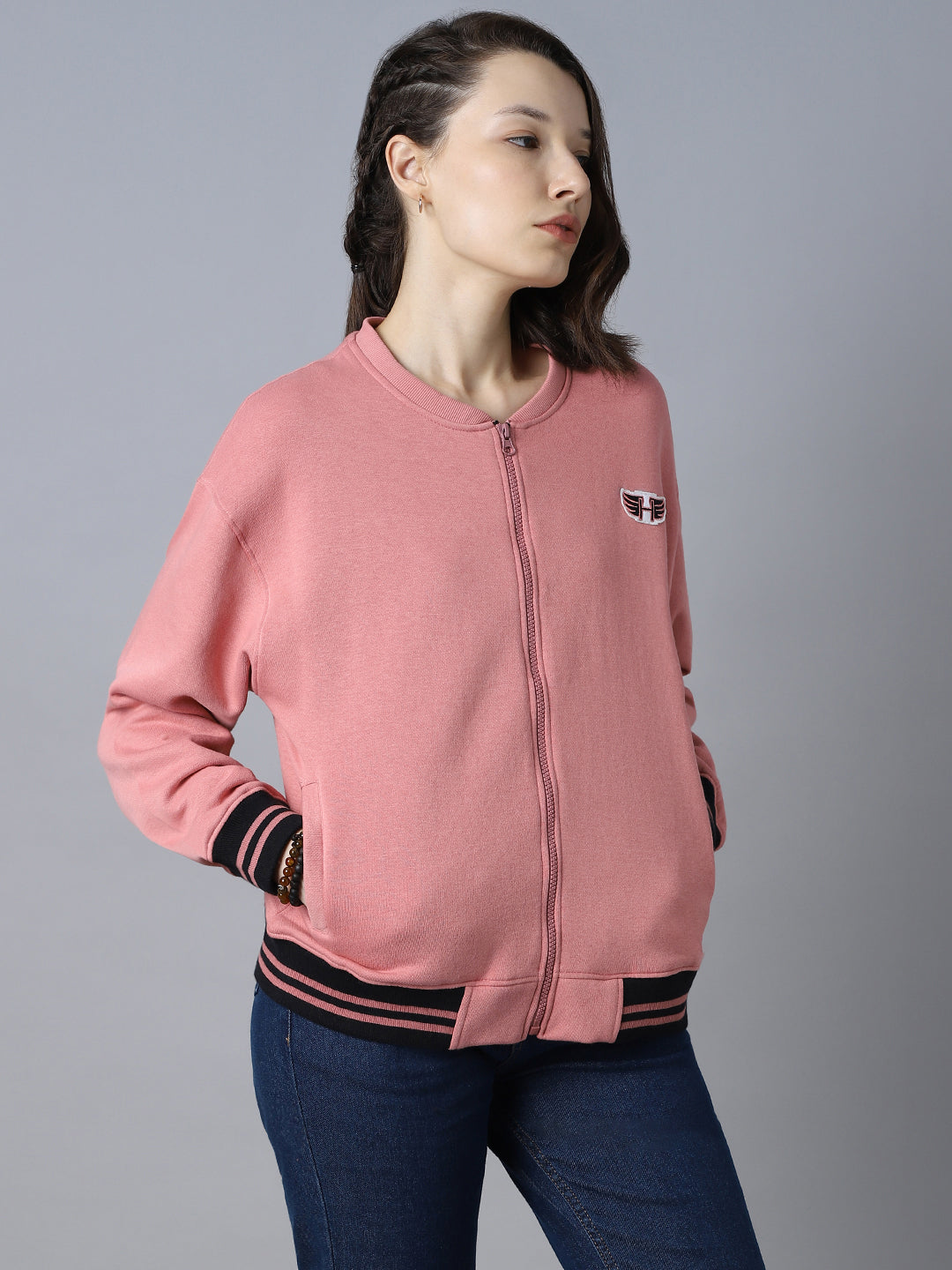 Mandarin Collar Long Sleeve Front-Open Sweatshirt