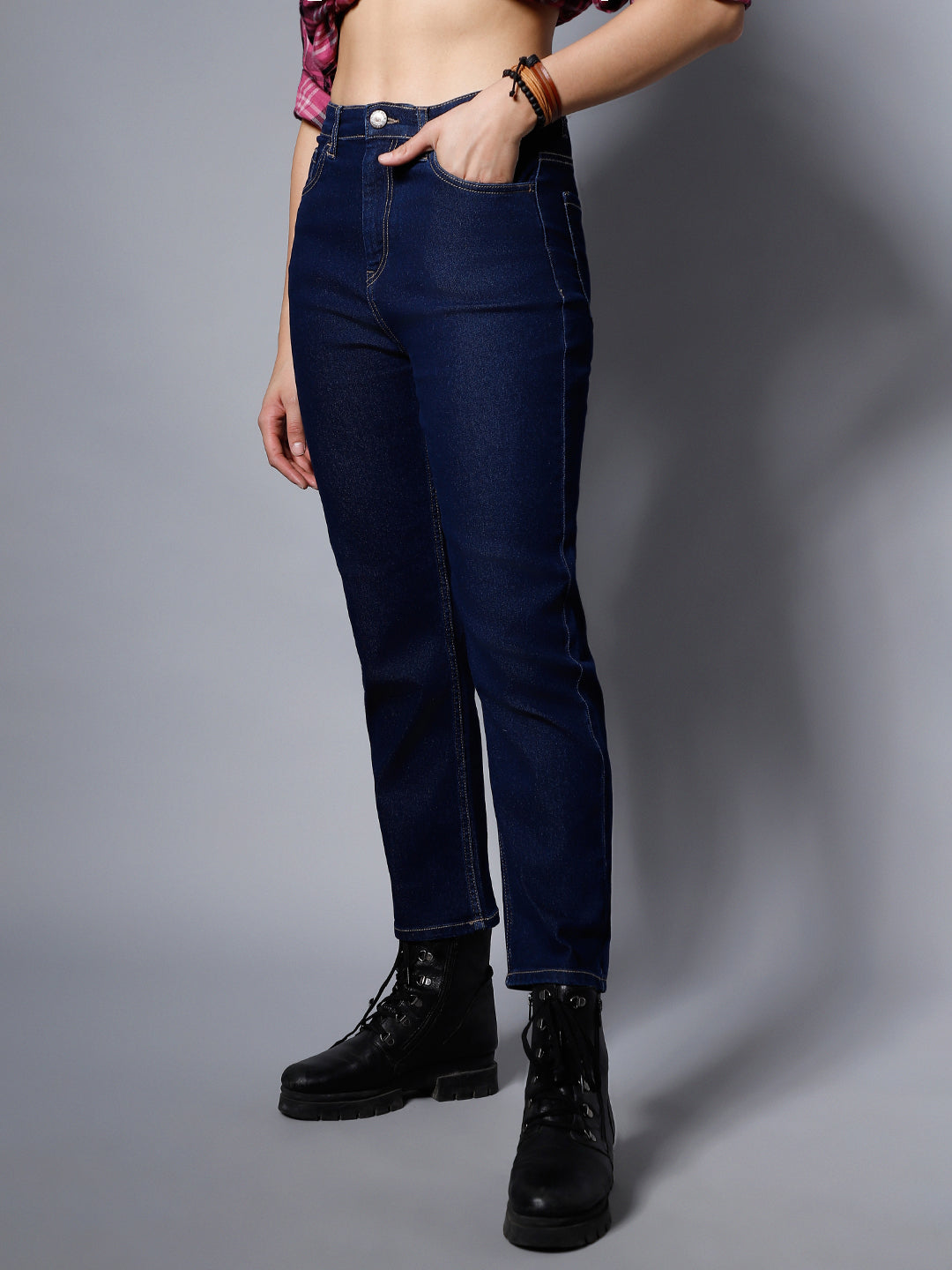 Women Blue Straight Fit High-Rise Low Distress Stretchable Jeans