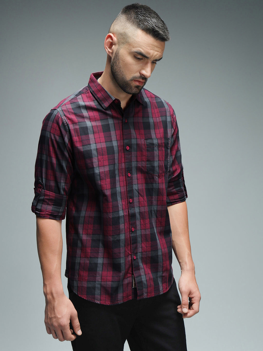 Classic Tartan Checks Spread Collar Long Sleeves Cotton Casual Shirt