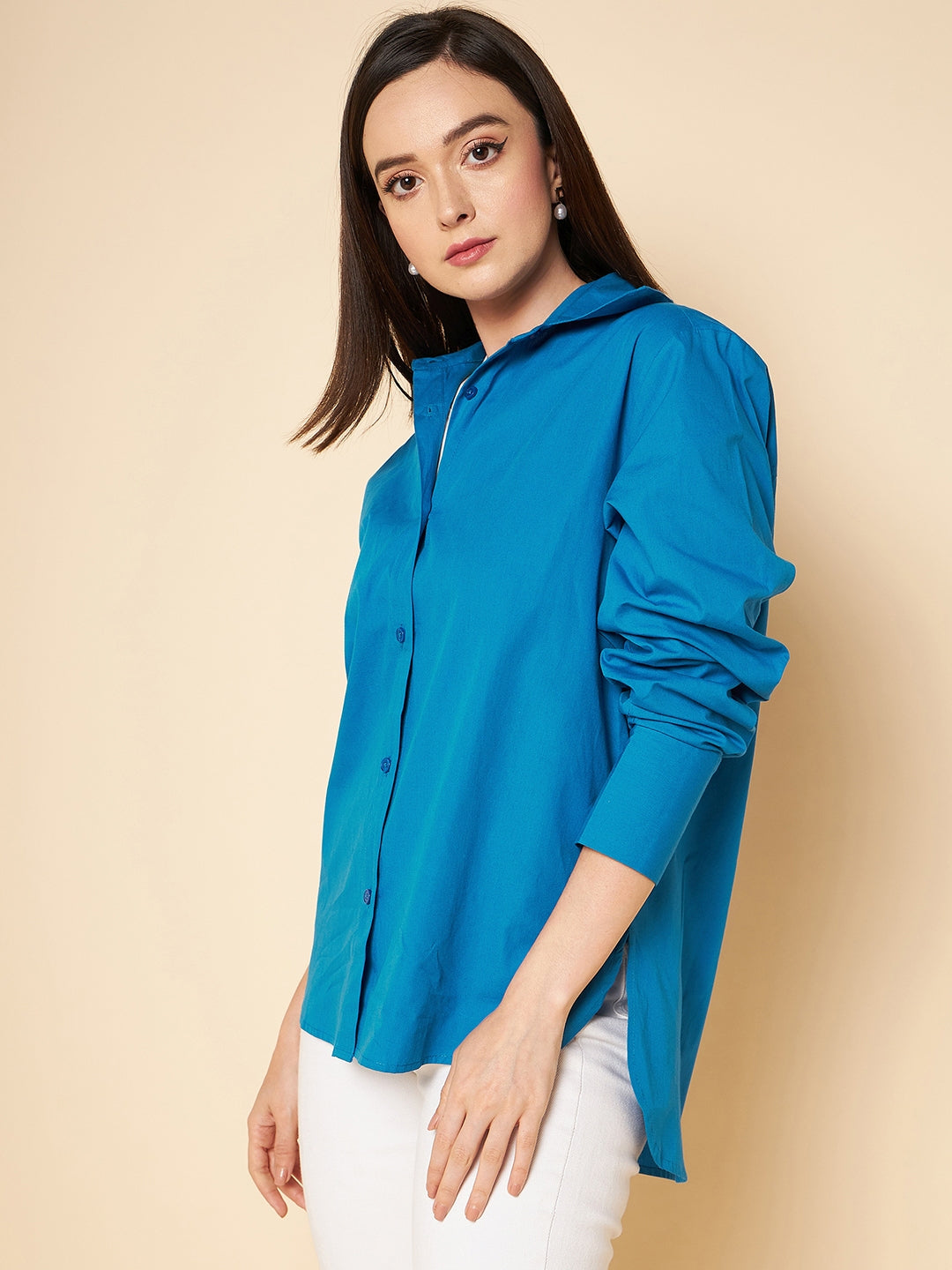 Boxy Fit solid cotton blue casual shirt