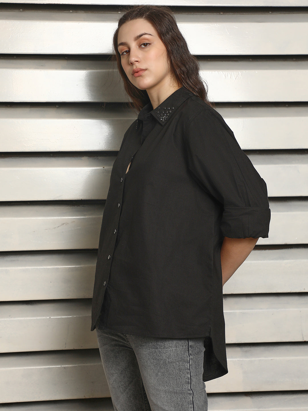 Classic Spread Collar with studs at collar Oversized Cotton Casual Shirt