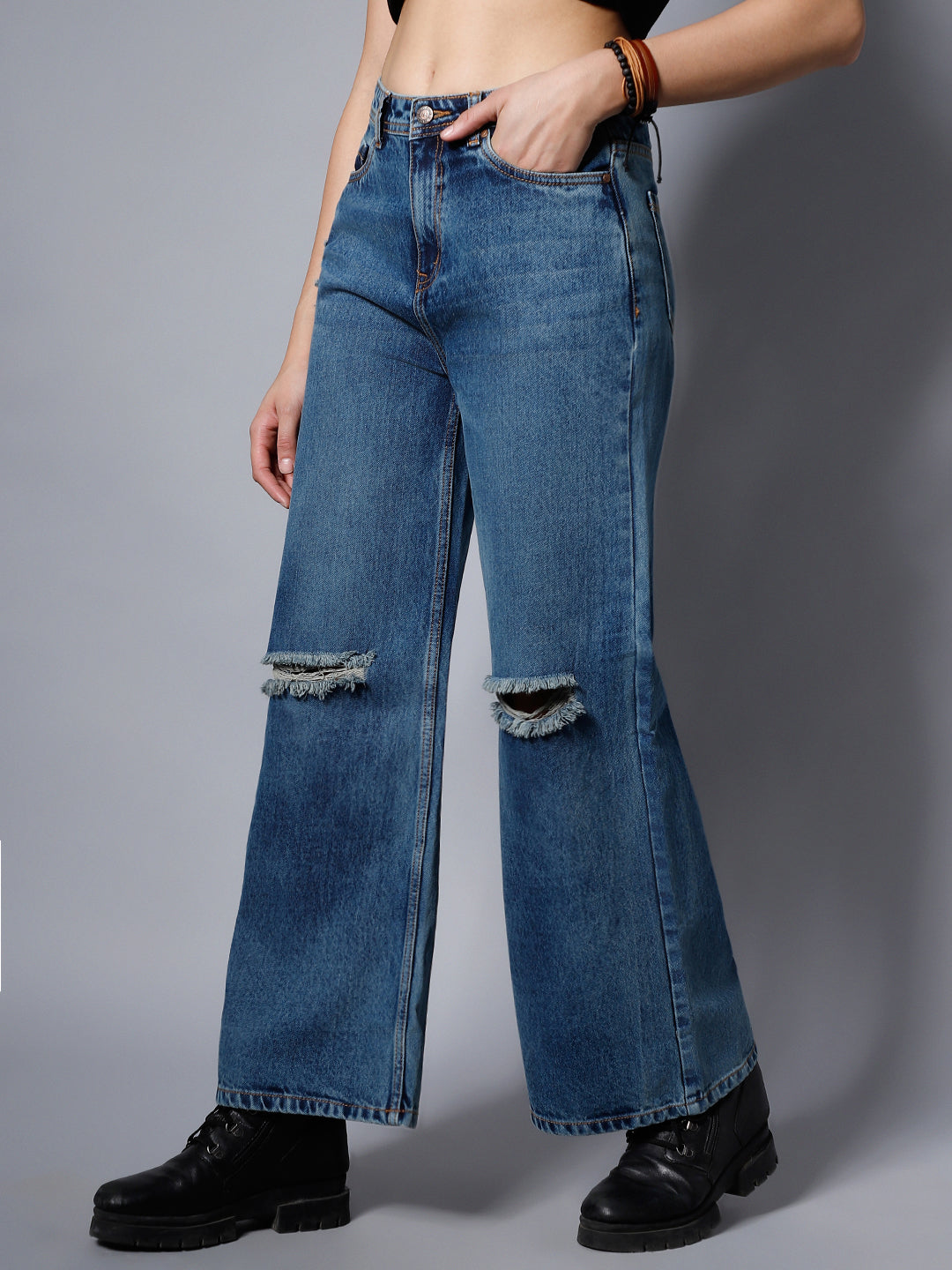 Women Blue Wide Leg High-Rise Slash Knee Light Fade Jeans