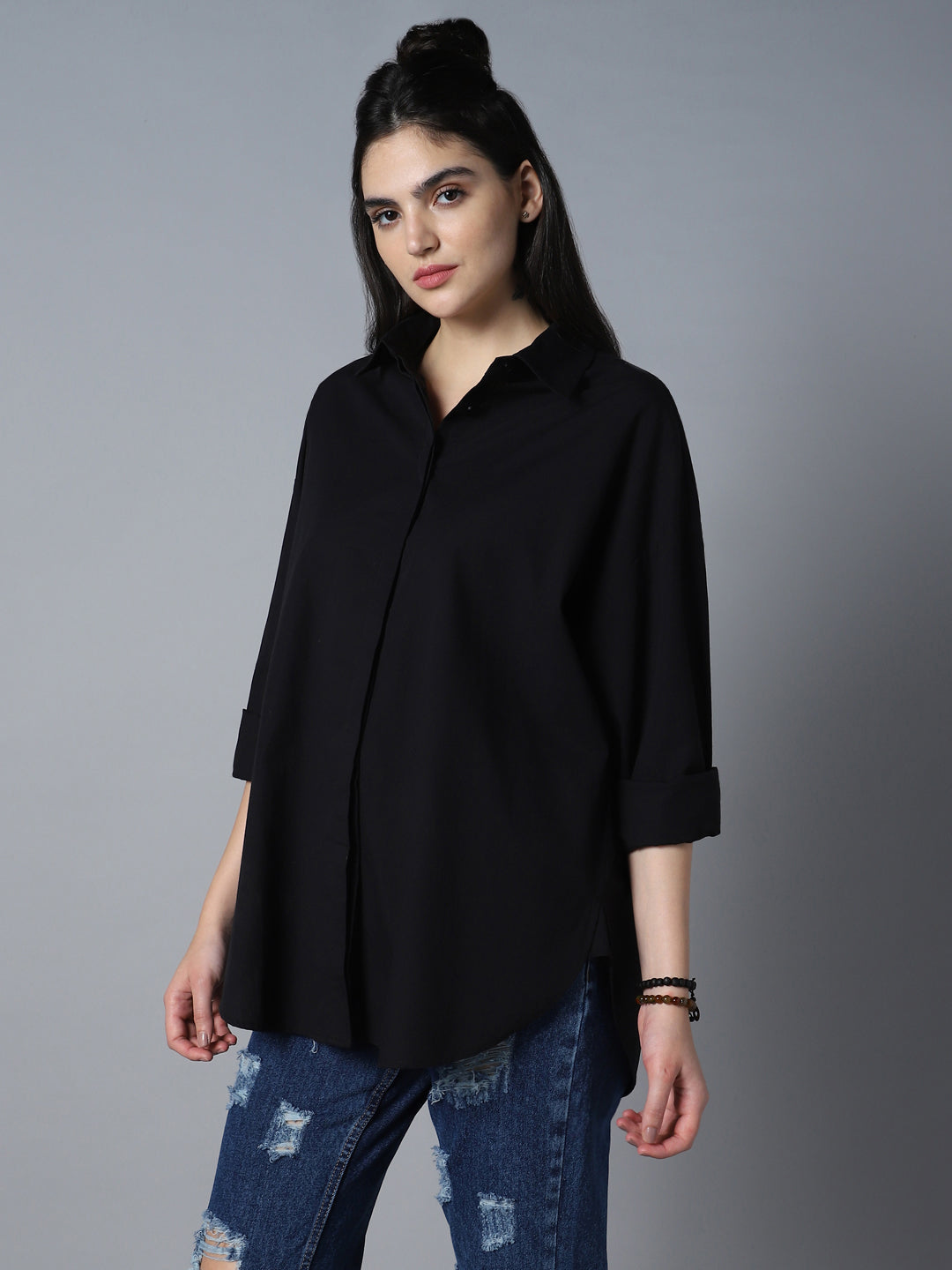 Relaxed Oversized Spread Collar Long Sleeve Cotton Longline Casual Shirt