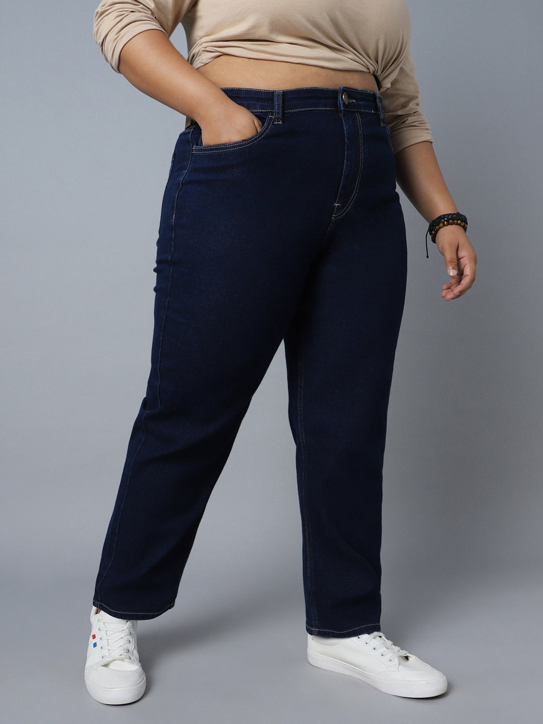 Women Plus Size Straight Fit High-Rise Clean Look Stretchable Jeans