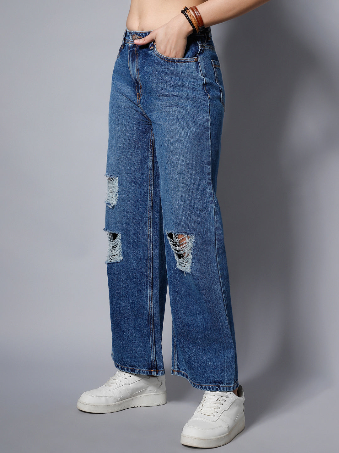 Women Wide Leg Mid-Rise Highly Distressed Light Fade Whiskers Pure Cotton Jeans