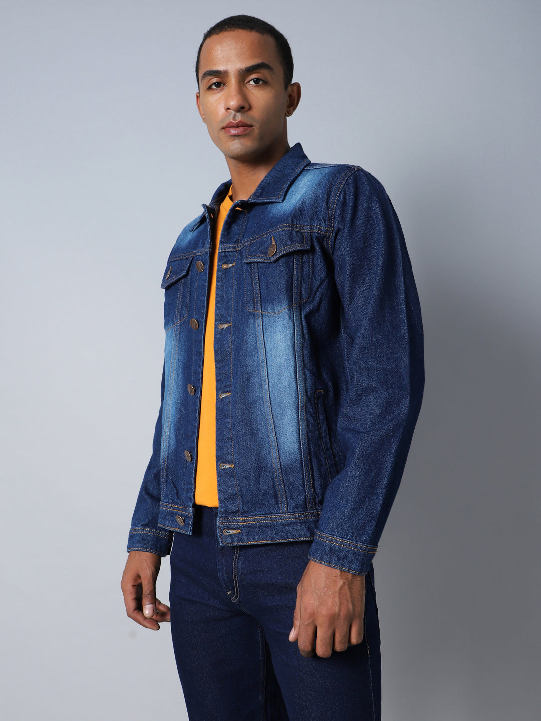 Washed Spread Collar Long Sleeves Cotton Denim Jacket