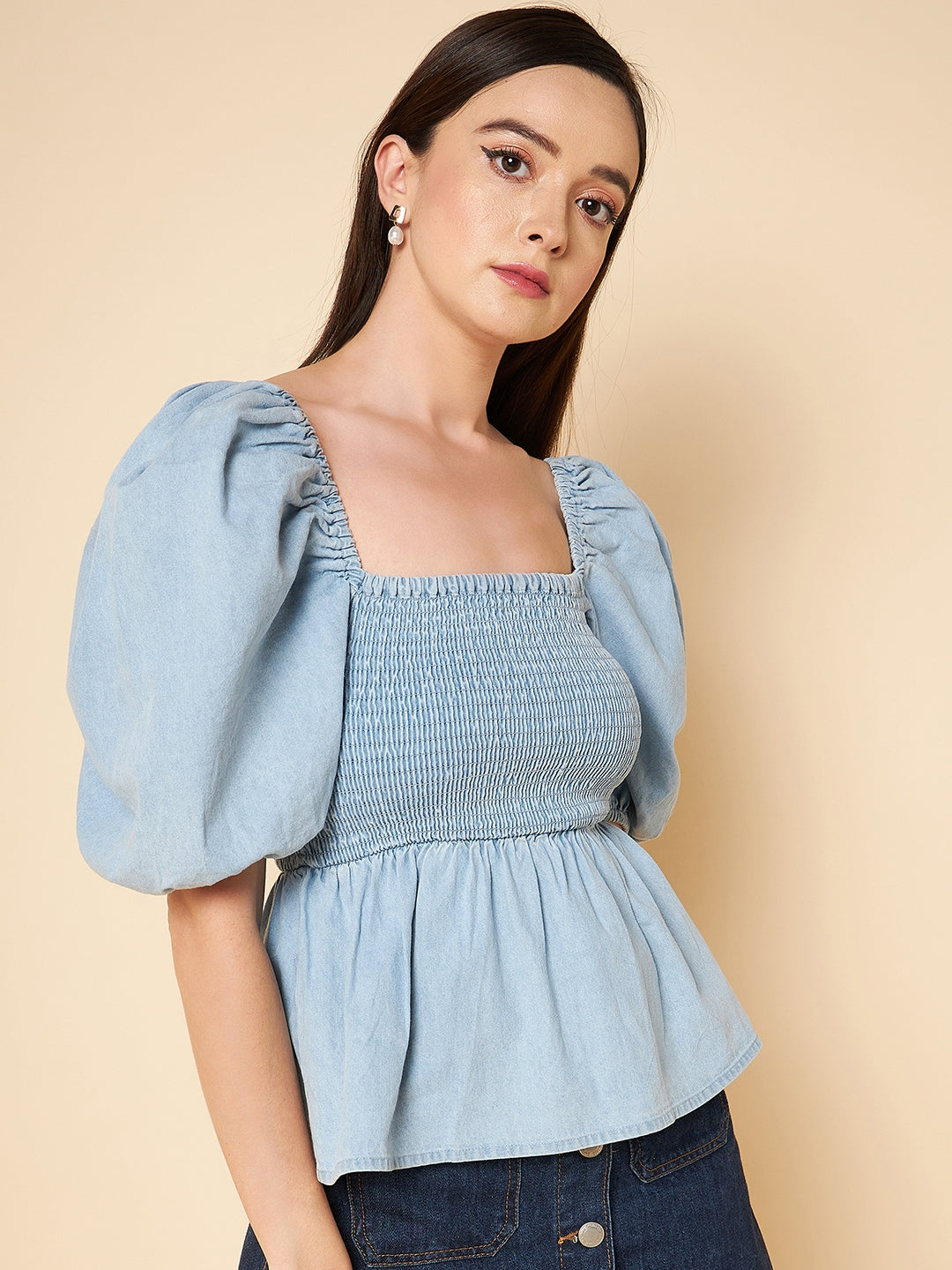 Square Neck Puff Sleeves Smocked Pure Cotton Peplum Top