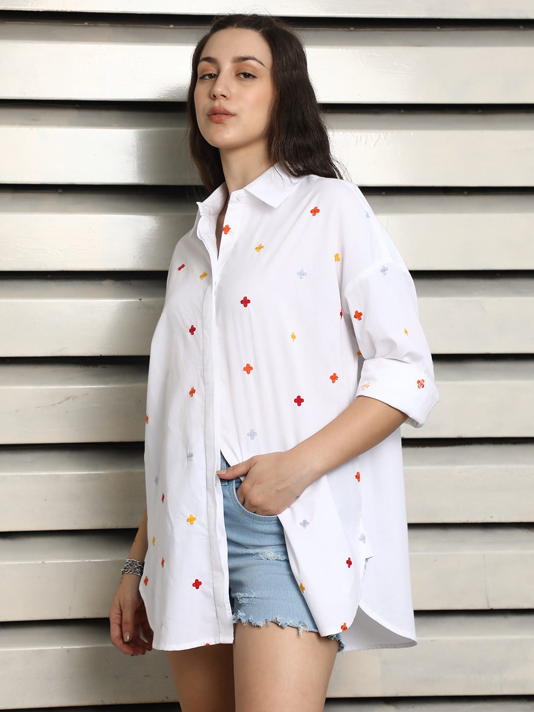 Classic Embroidered Drop Shoulder Sleeves Cotton Oversized Casual Shirt