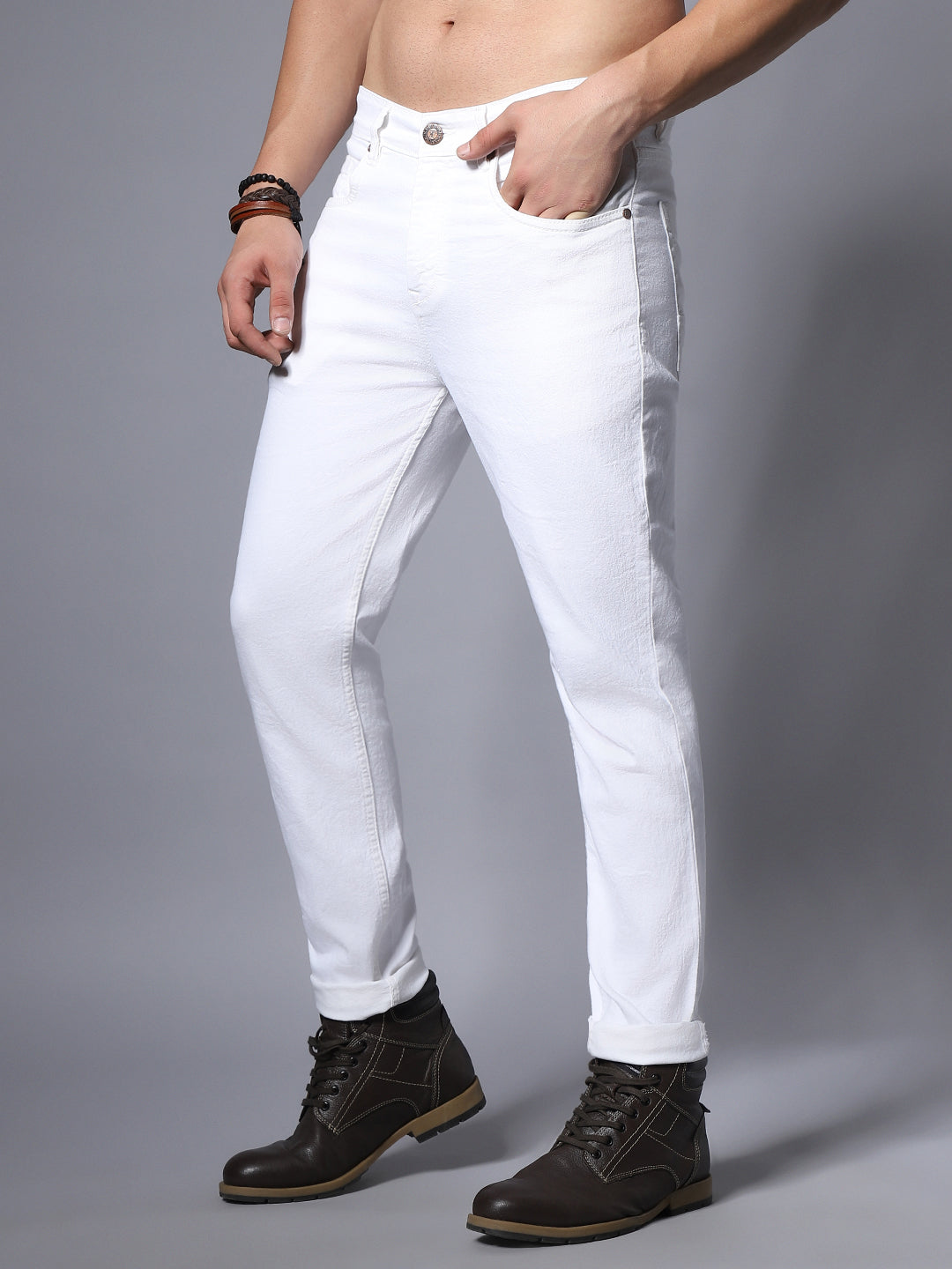 Men White Straight Fit Stretchable Jeans