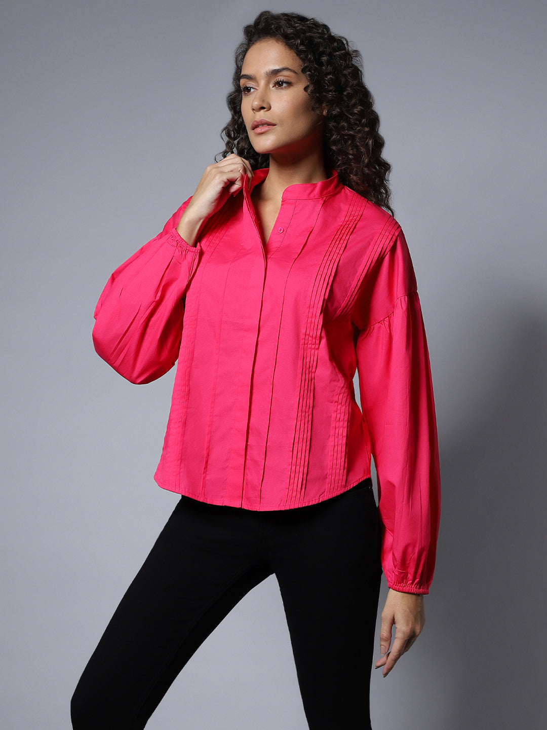 Classic Boxy Fit Mandarin Collar Puff Sleeves Pleated Cotton Casual Shirt