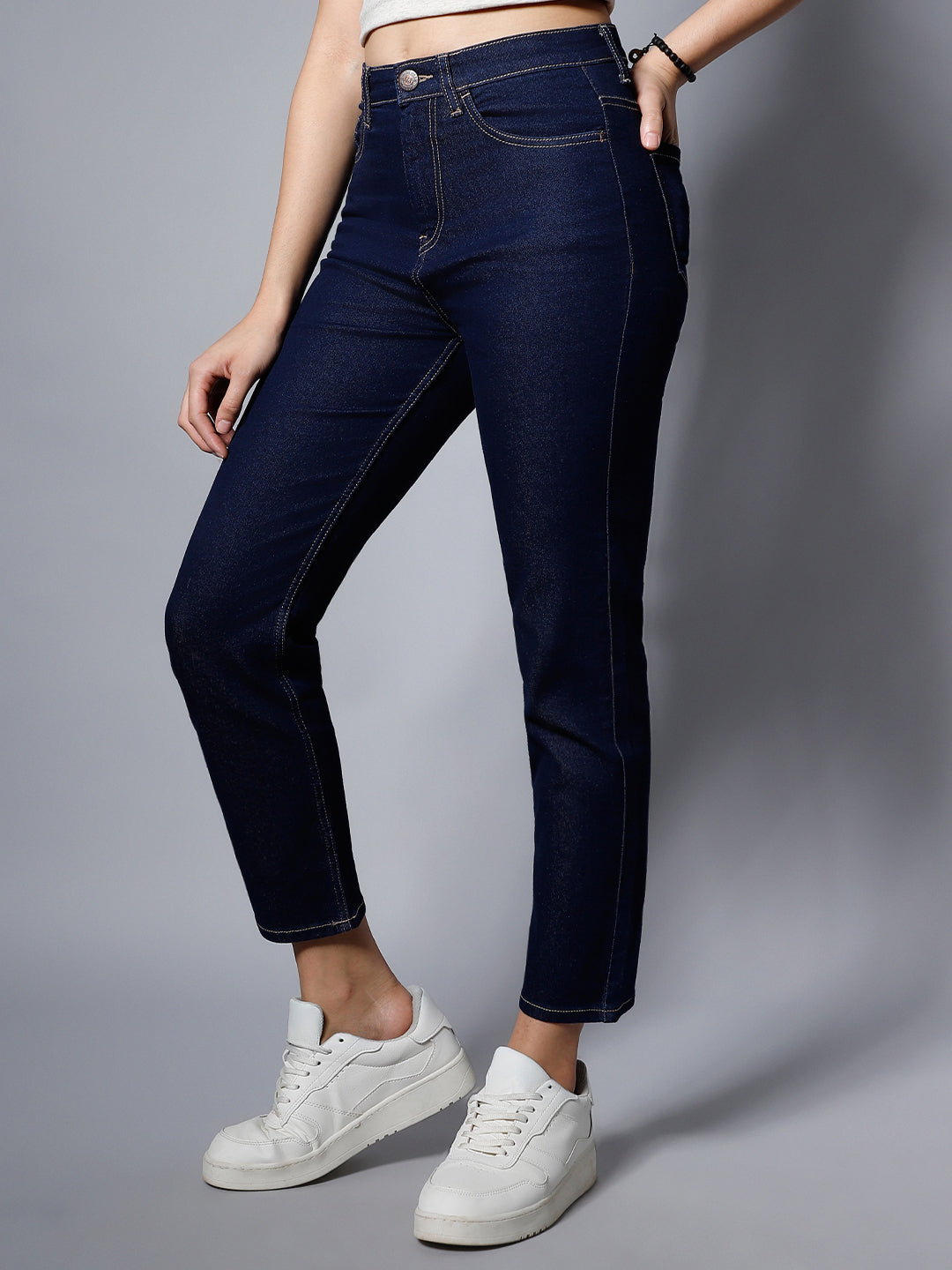 Women Blue Straight Fit High-Rise Slash Knee Stretchable Jeans