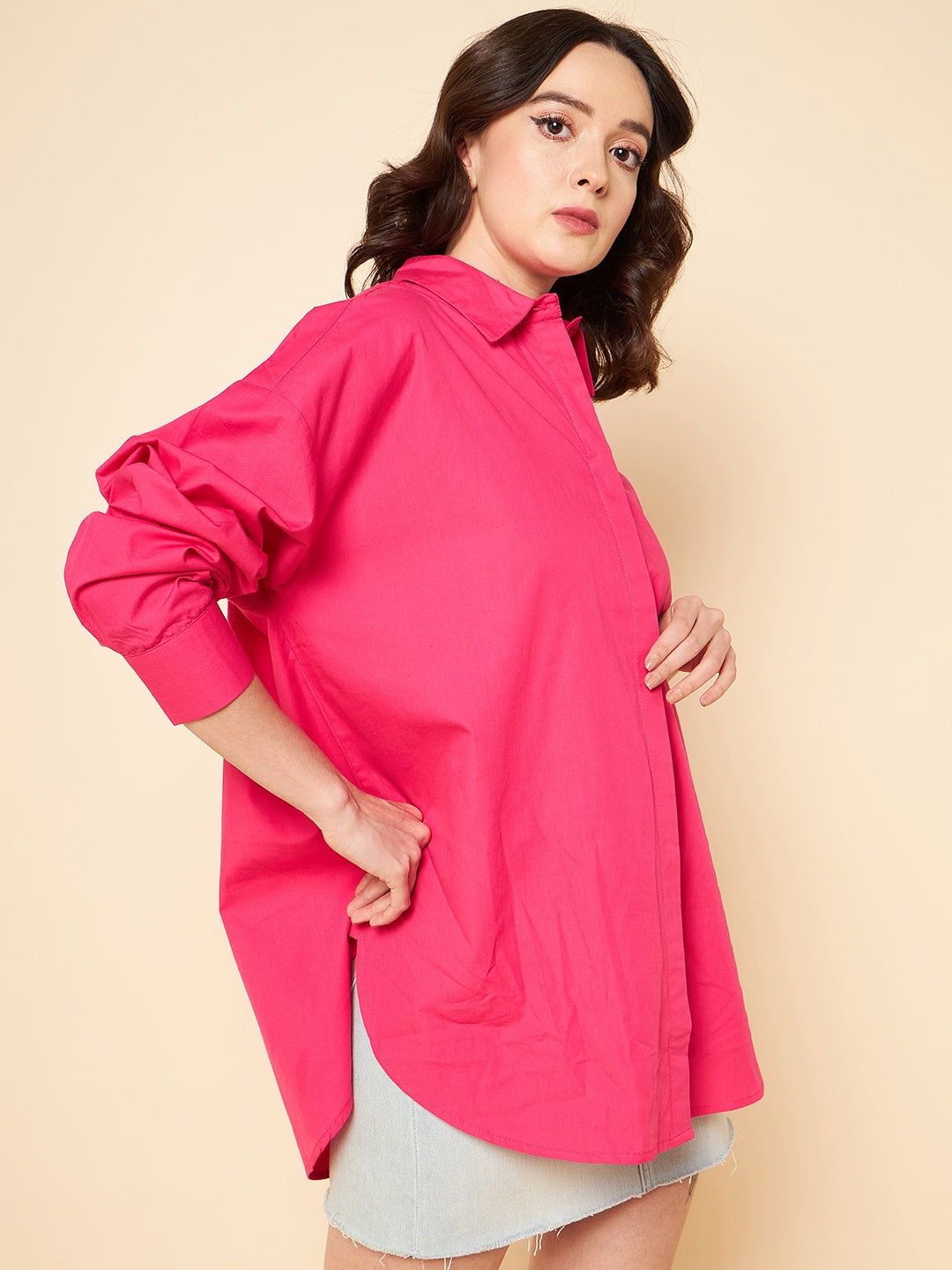 oversized solid cotton pink casual shirt