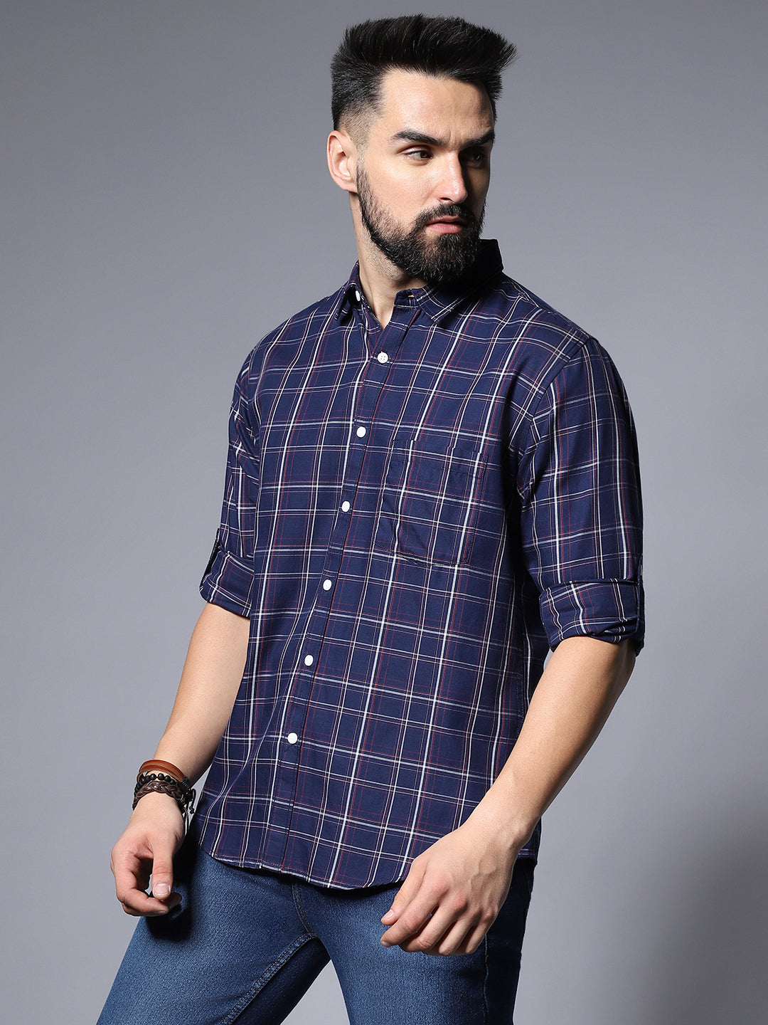 Classic Checked Roll-Up Sleeves Pure Cotton Casual Shirt