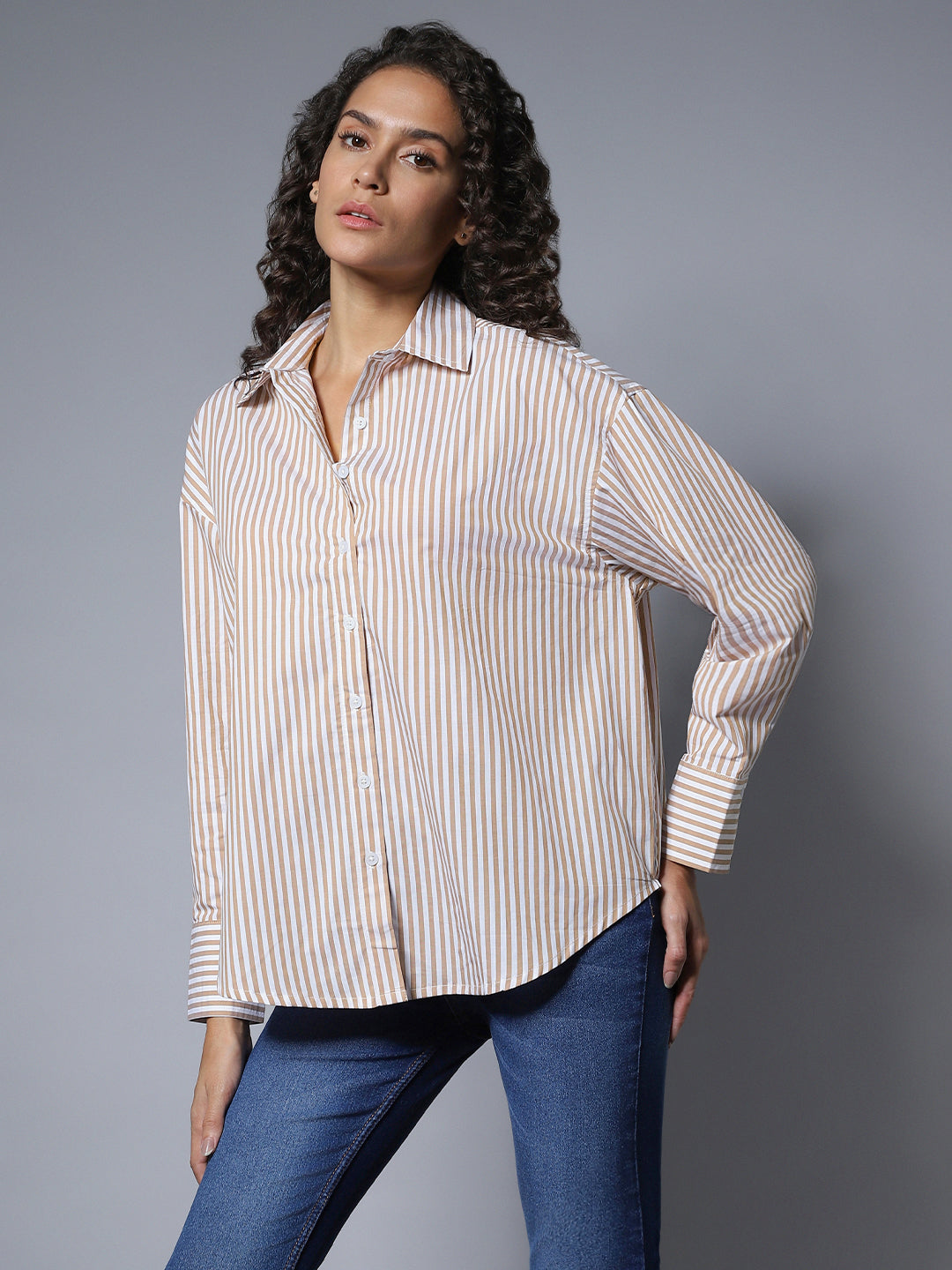 Classic Boxy Vertical Striped Spread Collar Long Sleeve Cotton Casual Shirt