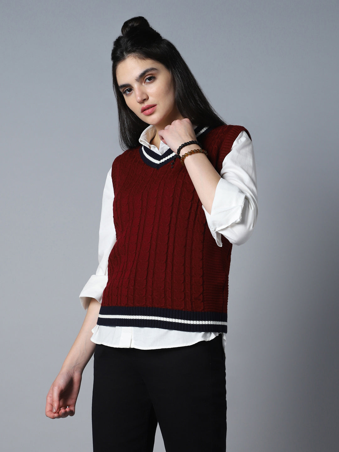 Cable Knit V-Neck Sleeveless Acrylic Sweater Vest