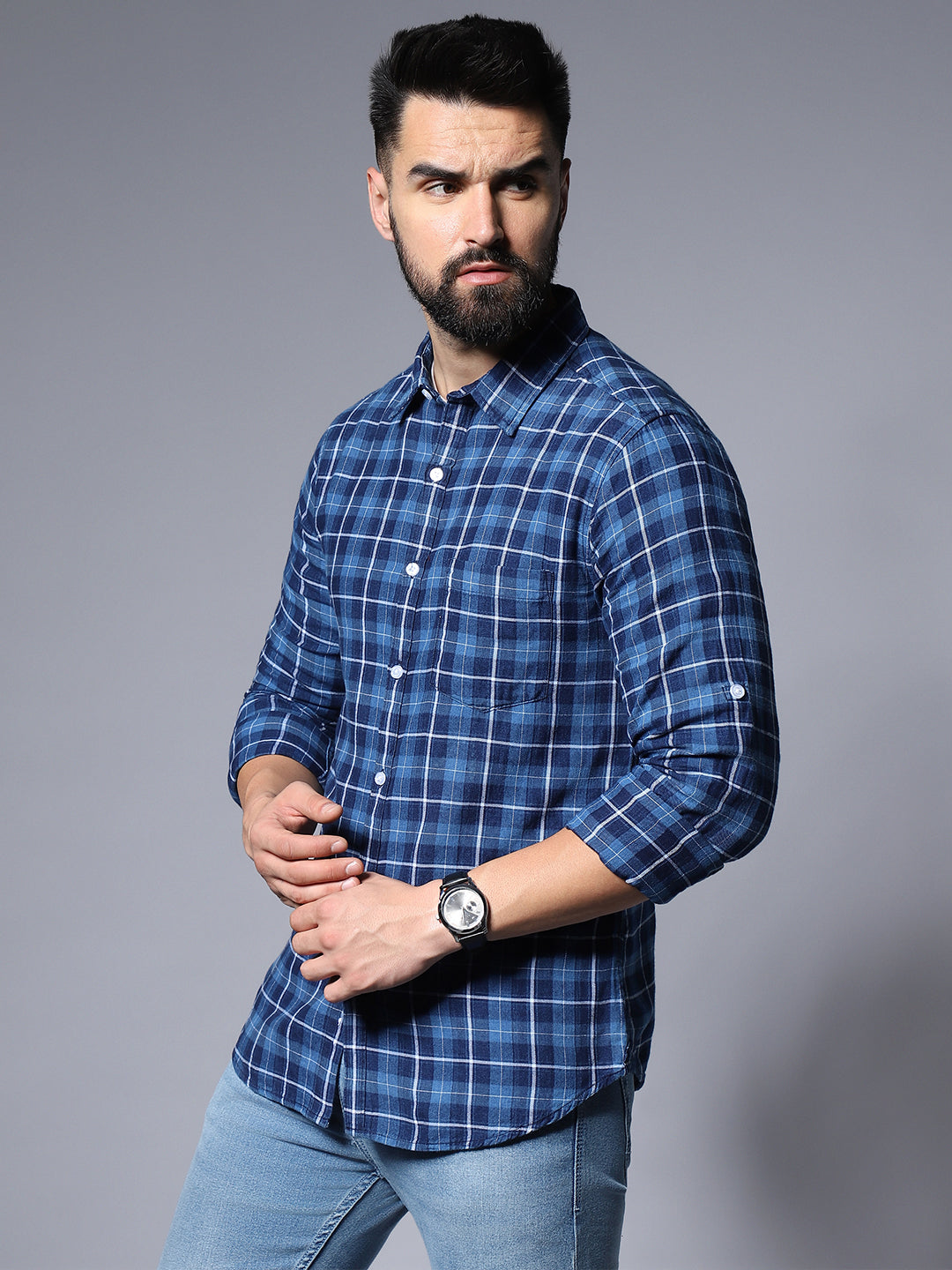 Blue Classic Opaque Checked Casual Shirt