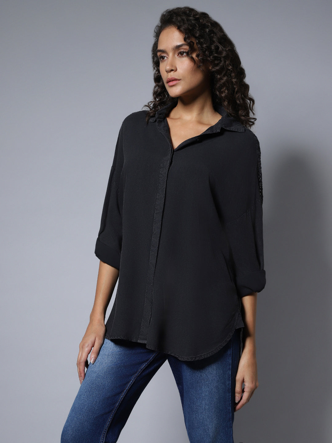 Cotton Spread Collar Long Sleeves Solid Oversized Longline Shirts