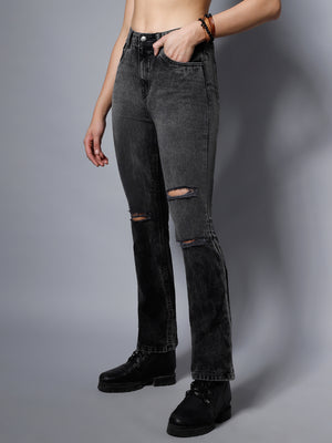 Women Black Bootcut High-Rise Slash Knee Light Fade Stretchable Jeans