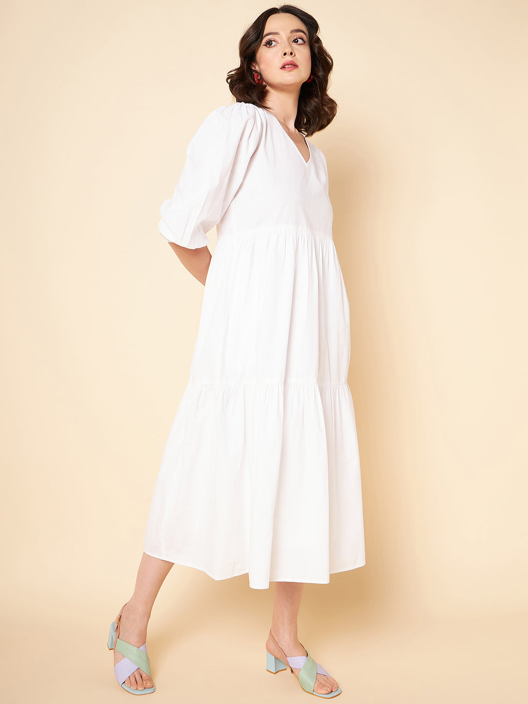 Puff Sleeves Tiered Pure Cotton Fit  Flare Midi Dress